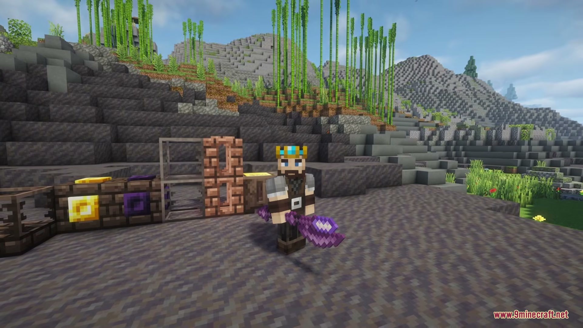 Construct’s Casting Mod (1.20.1) – Forge Custom Spellcasting Weapons 4 A crowned player character holding a purple battlestaff next to casting blocks