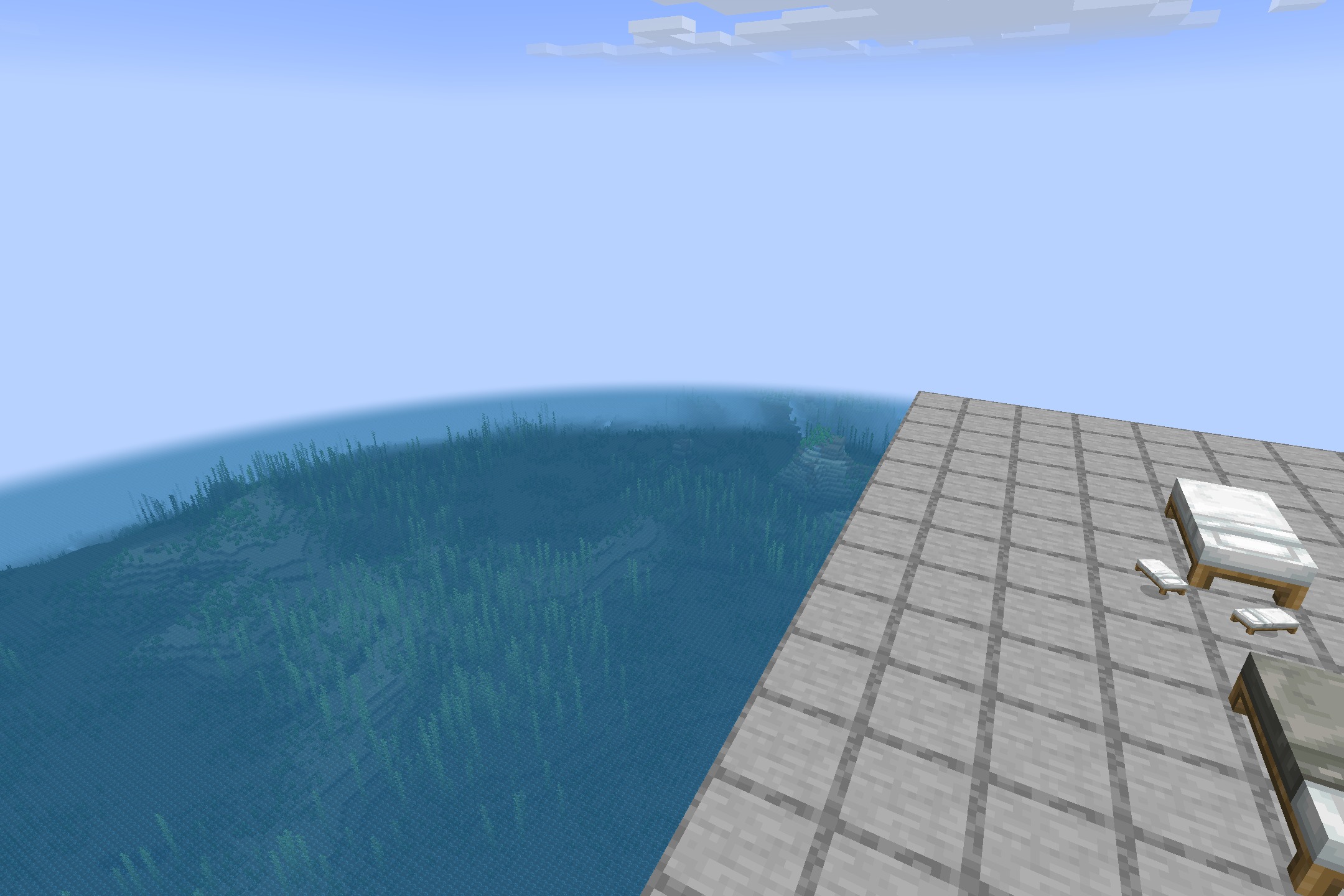 Cozy Beds Resource Pack (1.21.11) – Cozy Visual Blankets For A Warmer Night 6 Beds with blankets on a stone platform overlooking a vast blue ocean