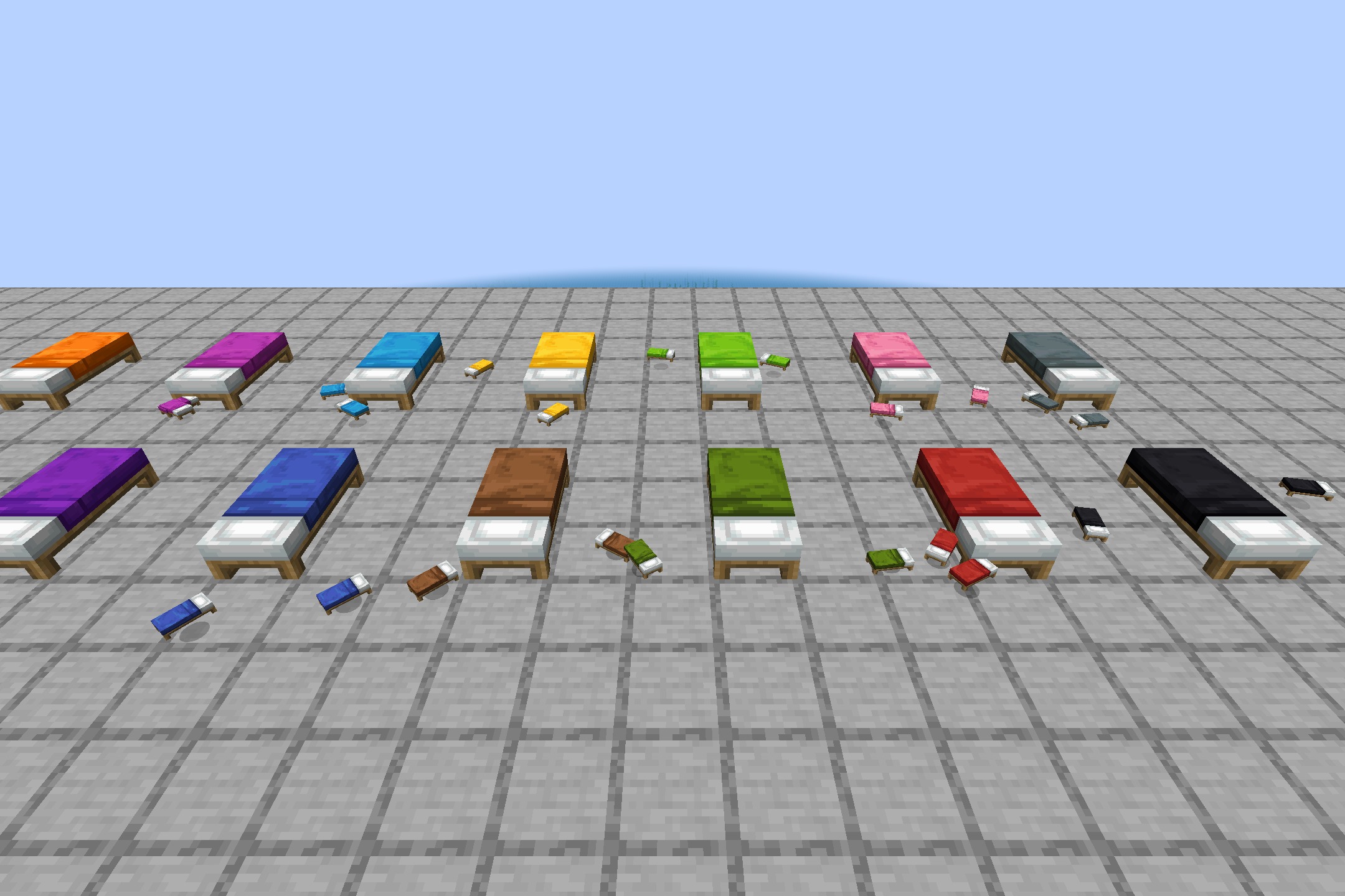 Cozy Beds Resource Pack (1.21.11) – Cozy Visual Blankets For A Warmer Night 9 Multiple rows of colorful minecraft beds with blankets on a gray grid