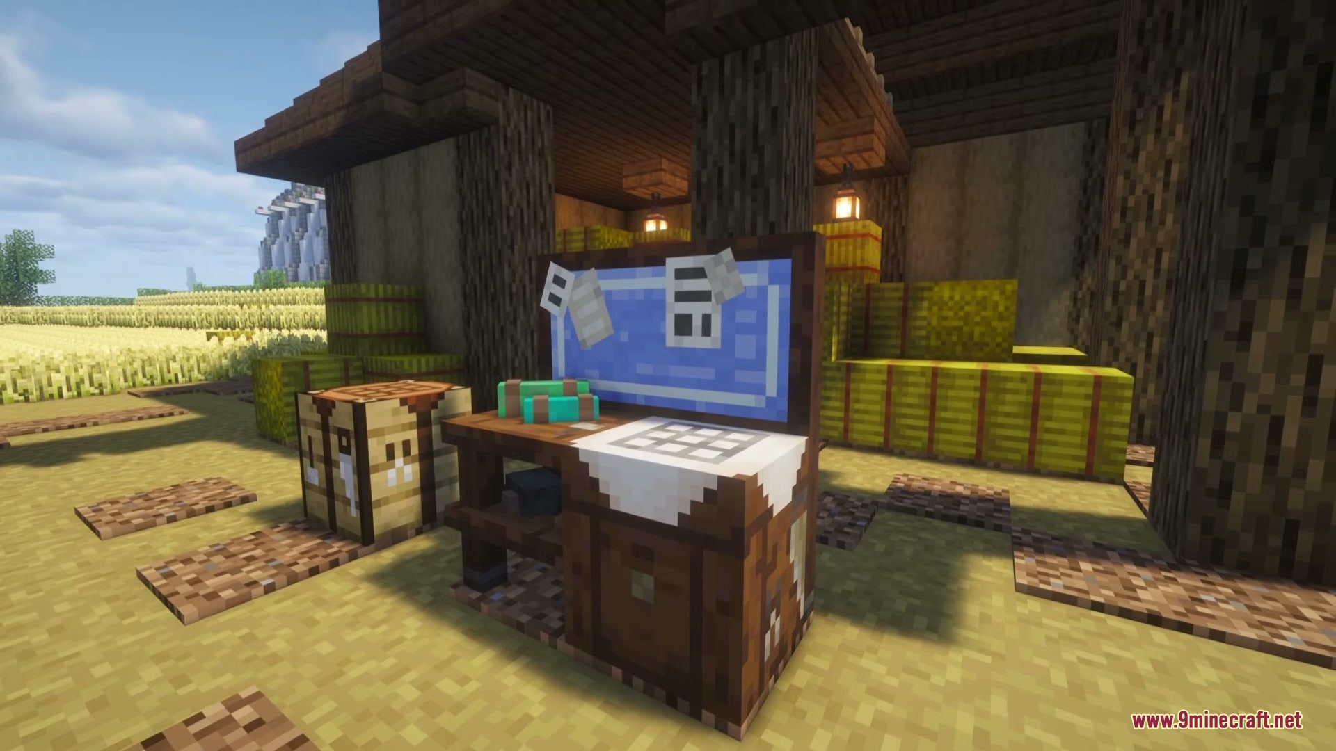 Craft &Amp; Find Mod (1.21.1, 1.20.1) – Craft Directly From Nearby Storage Chests 2 A storage workbench with blueprints placed next to hay bales and a crafting table