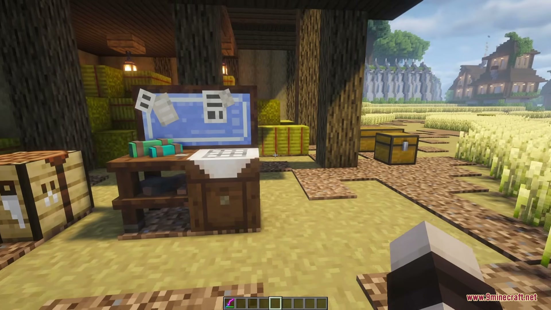 Craft &Amp; Find Mod (1.21.1, 1.20.1) – Craft Directly From Nearby Storage Chests 3 A player standing in a wheat field looking at a wooden workbench