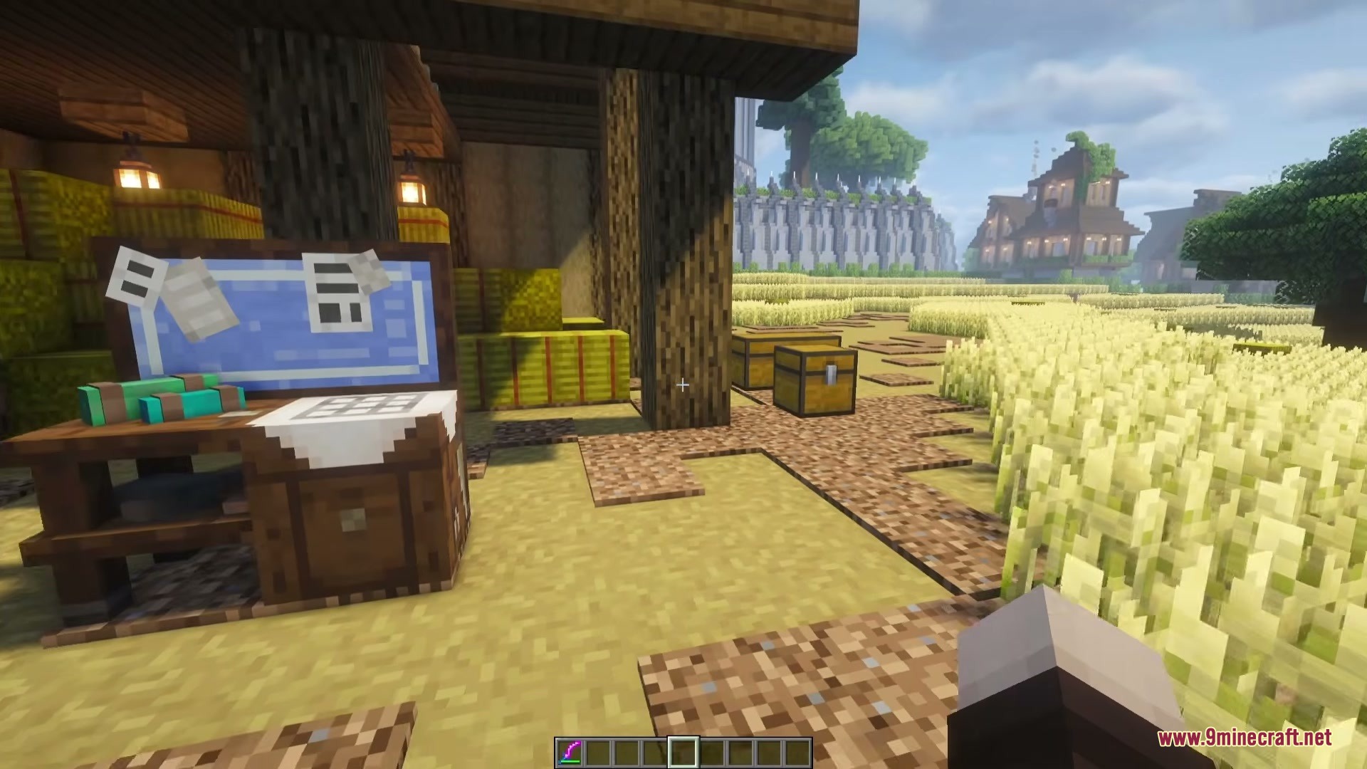 Craft &Amp; Find Mod (1.21.1, 1.20.1) – Craft Directly From Nearby Storage Chests 4 A storage workbench with a blueprint display placed near a wheat field