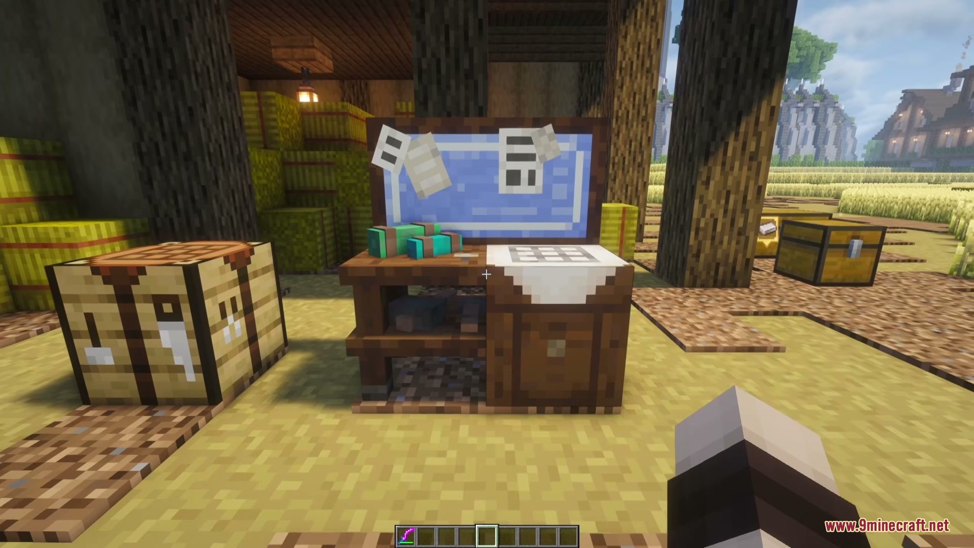 Craft &Amp; Find Mod (1.21.1, 1.20.1) – Craft Directly From Nearby Storage Chests 5 A storage workbench and crafting table placed together near some hay bales