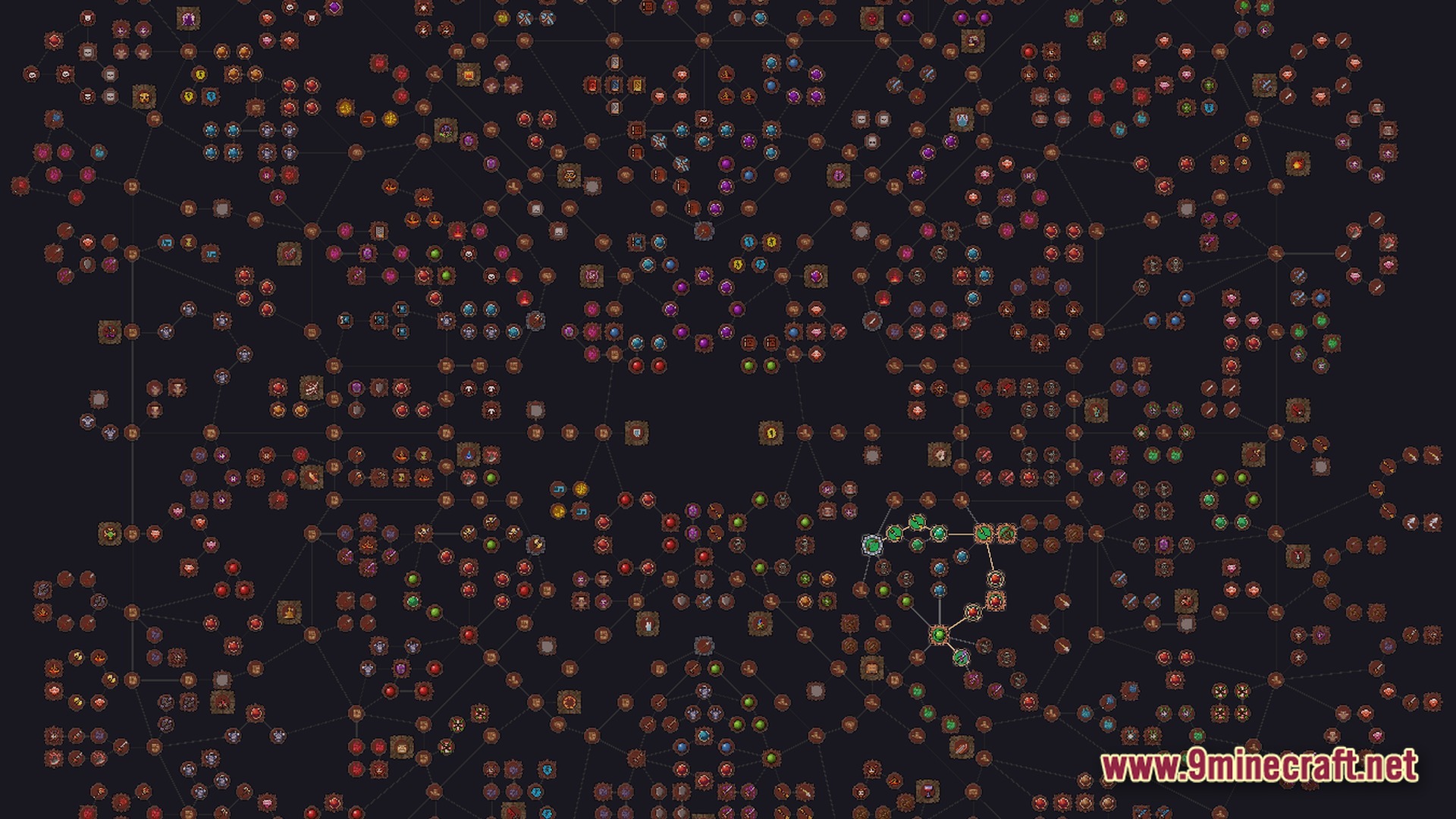 A complex interconnected passive skill tree menu featuring numerous icons for character progression and specialization
