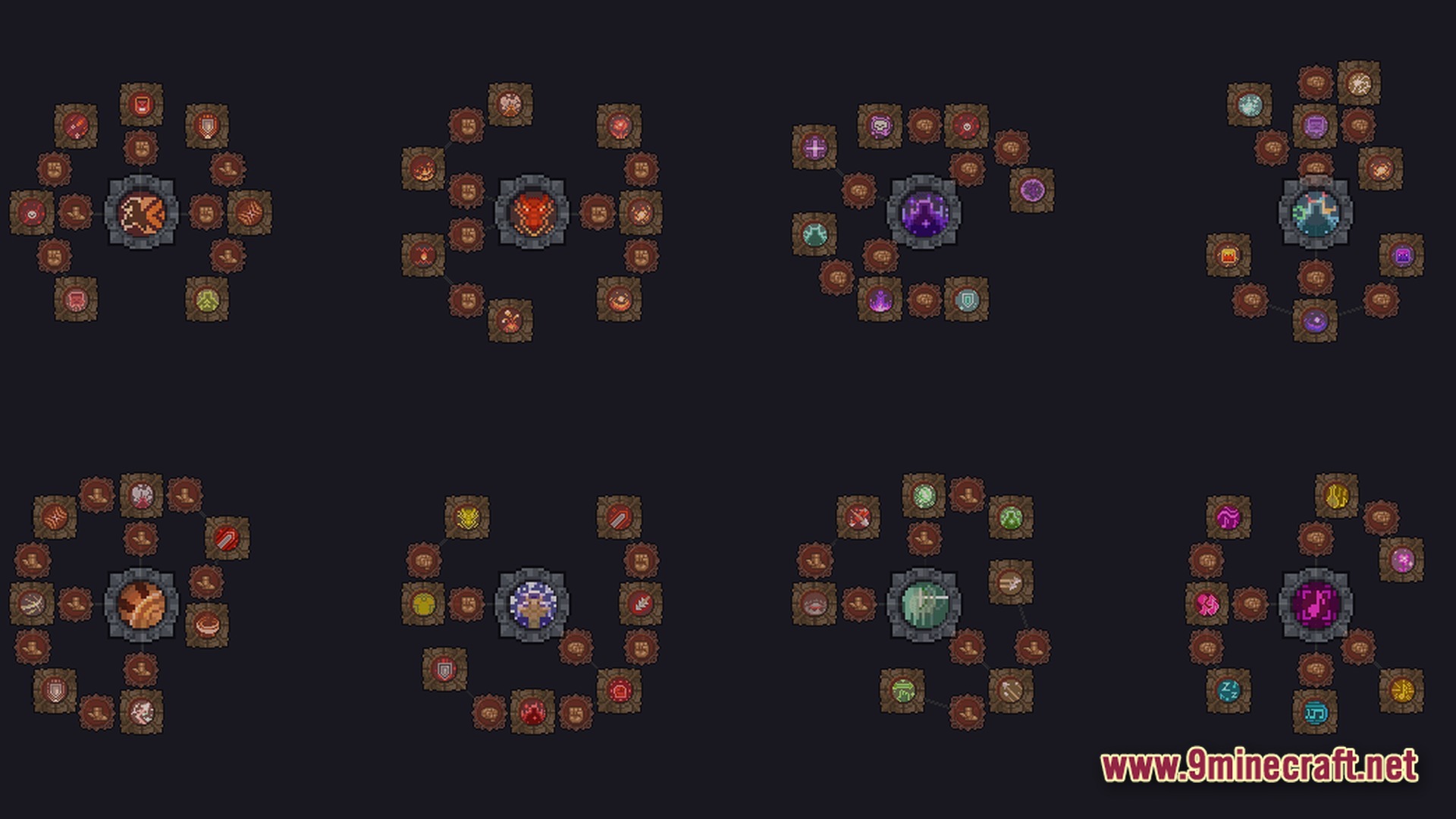 Eight distinct circular skill trees featuring various pixelated icons for character progression and abilities