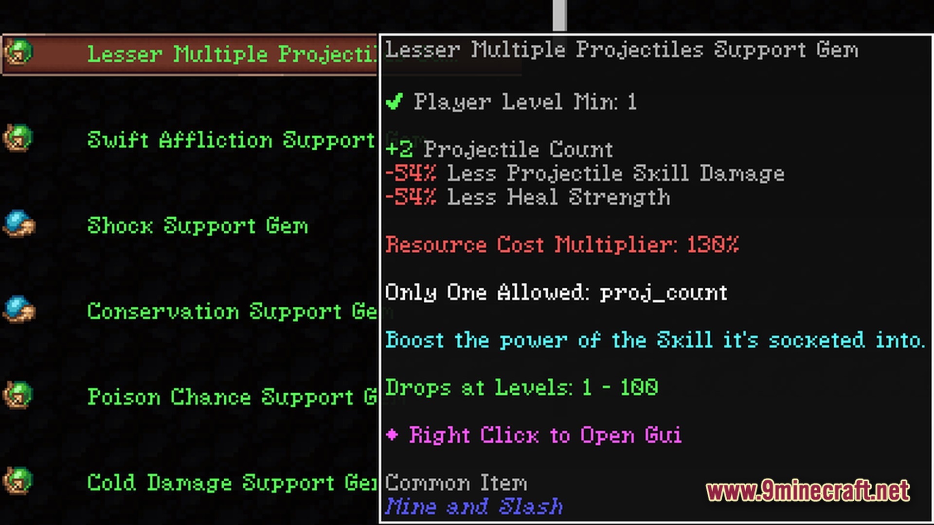 A list of support gems and the detailed tooltip for a lesser multiple projectiles support gem