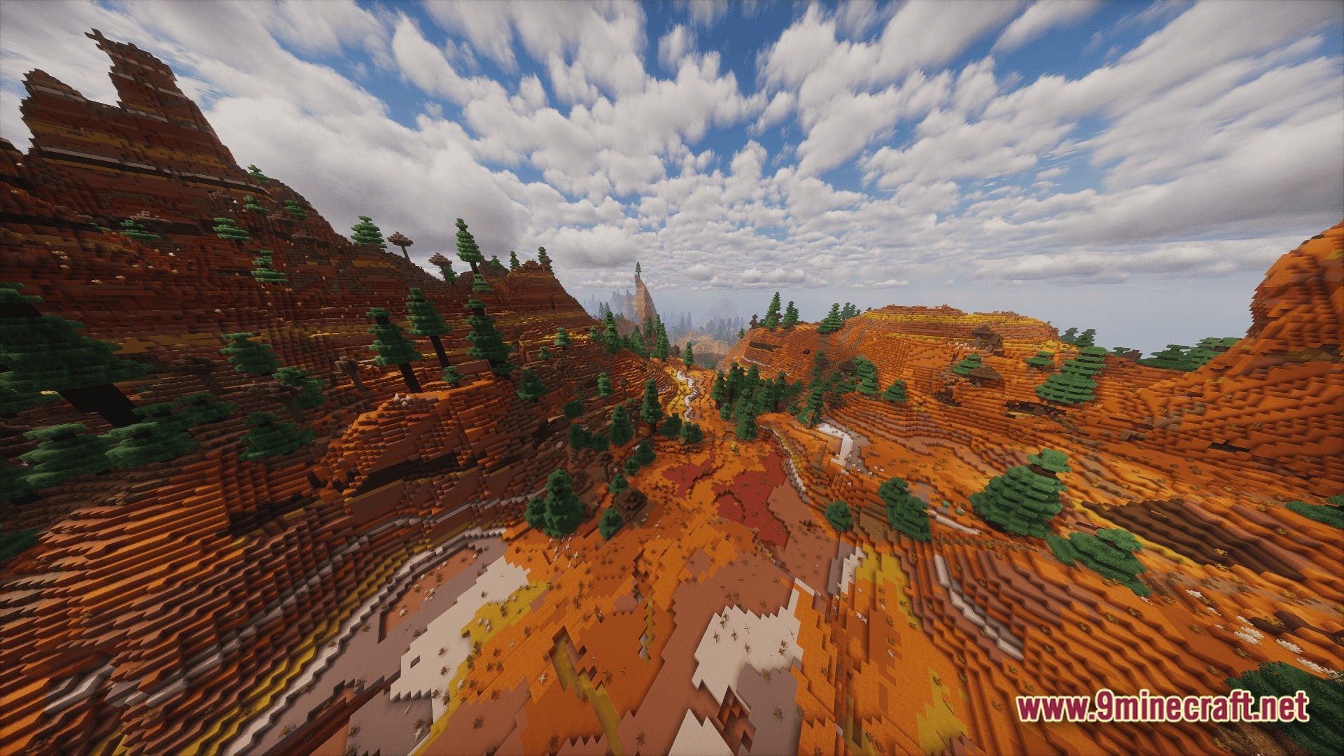 Create Above The Horizon Modpack (1.21.1) – Fly Airships Across Upgraded Lands 11 A vast badlands biome featuring layered terracotta cliffs, scattered pine trees, and a cloudy sky