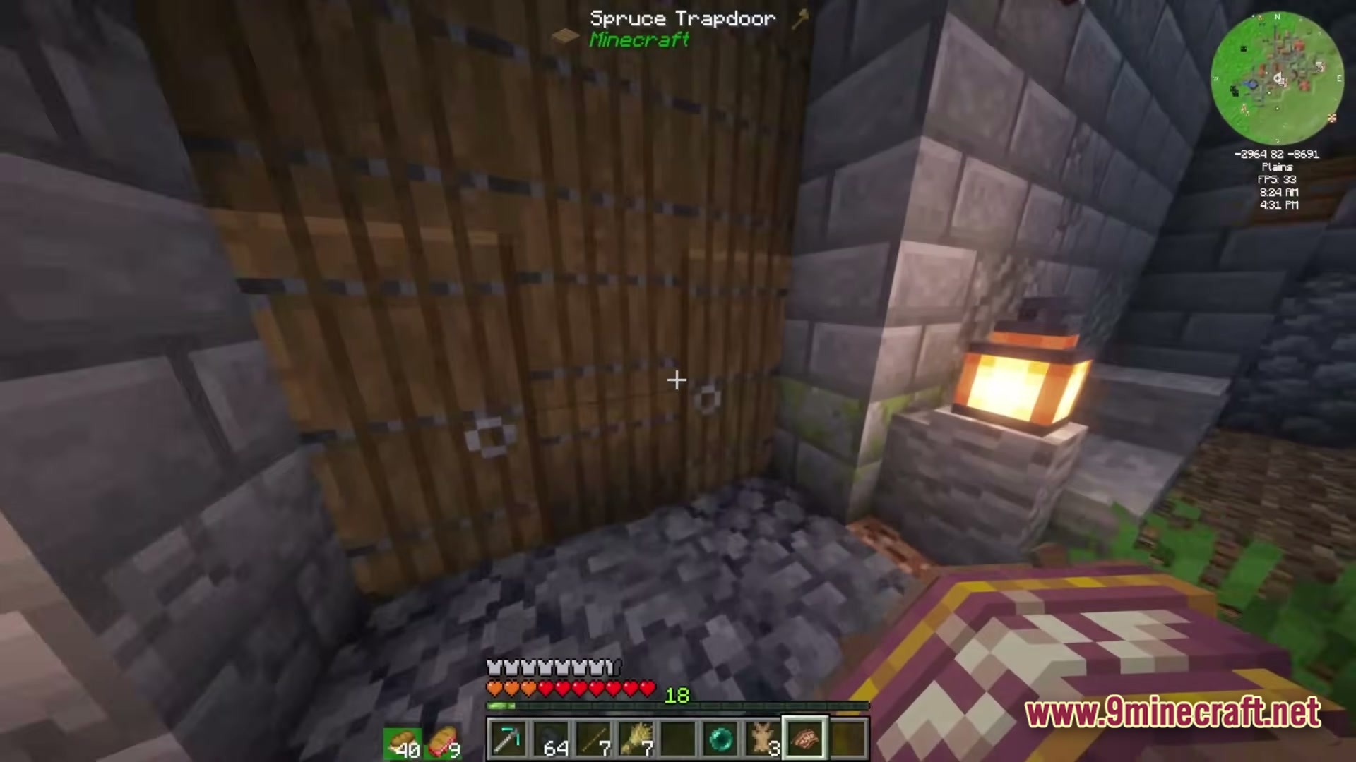 Create Above The Horizon Modpack (1.21.1) – Fly Airships Across Upgraded Lands 3 A player stands before a spruce trapdoor gate next to a lantern and stone brick wall