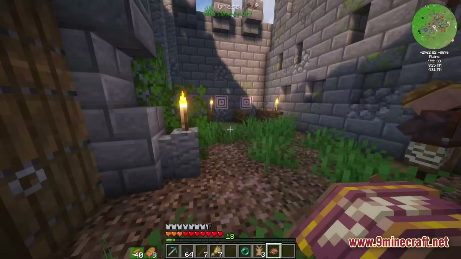 Create Above The Horizon Modpack (1.21.1) – Fly Airships Across Upgraded Lands 4 A first-person view of a stone courtyard featuring target blocks, torches, and a villager
