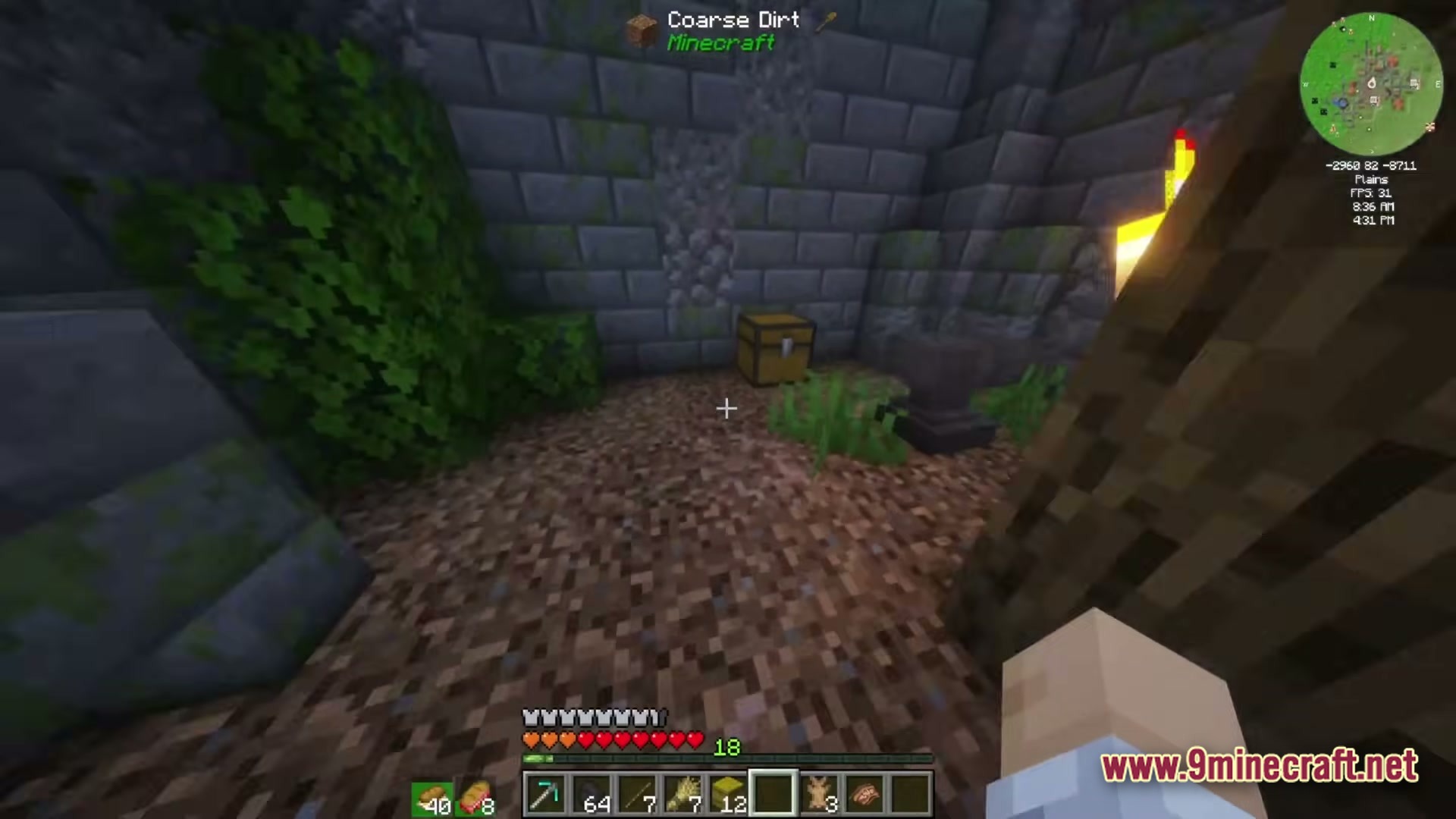 Create Above The Horizon Modpack (1.21.1) – Fly Airships Across Upgraded Lands 5 A player explores a stone brick structure containing a chest, an anvil, and coarse dirt