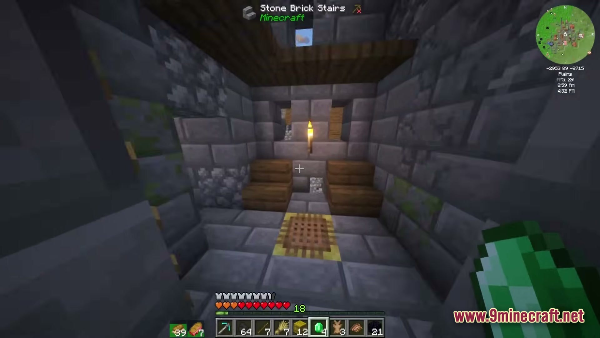 Create Above The Horizon Modpack (1.21.1) – Fly Airships Across Upgraded Lands 6 A player holding an emerald inside a stone brick structure with wooden stairs and a torch