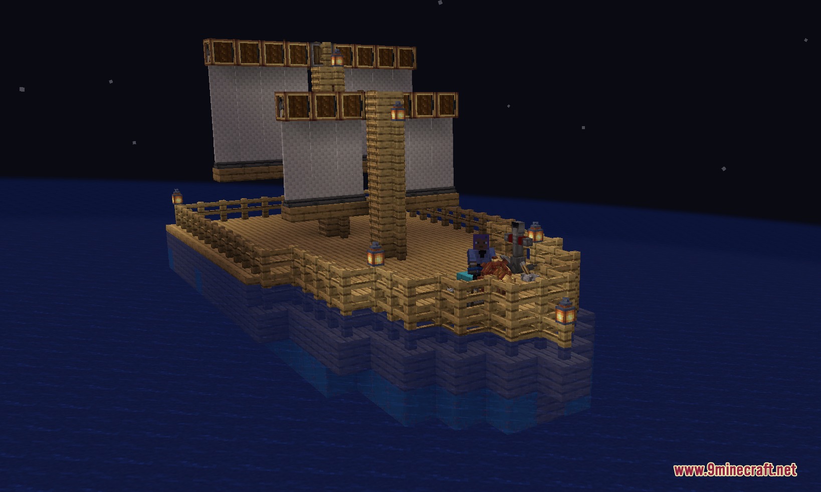 Create Kinetic Mod (1.21.1, 1.20.1) – Pilot Custom Airships Without Redstone 2 A large wooden ship with white sails and lanterns on the dark ocean