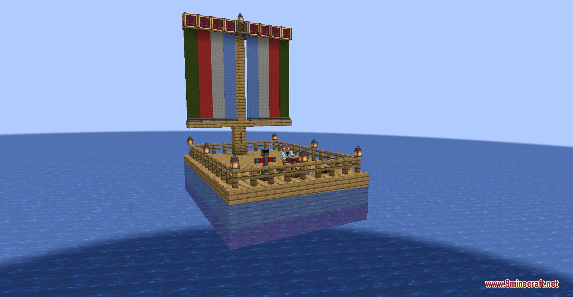Create Kinetic Mod (1.21.1, 1.20.1) – Pilot Custom Airships Without Redstone 3 A wooden ship with colorful sails and a steering wheel on the water