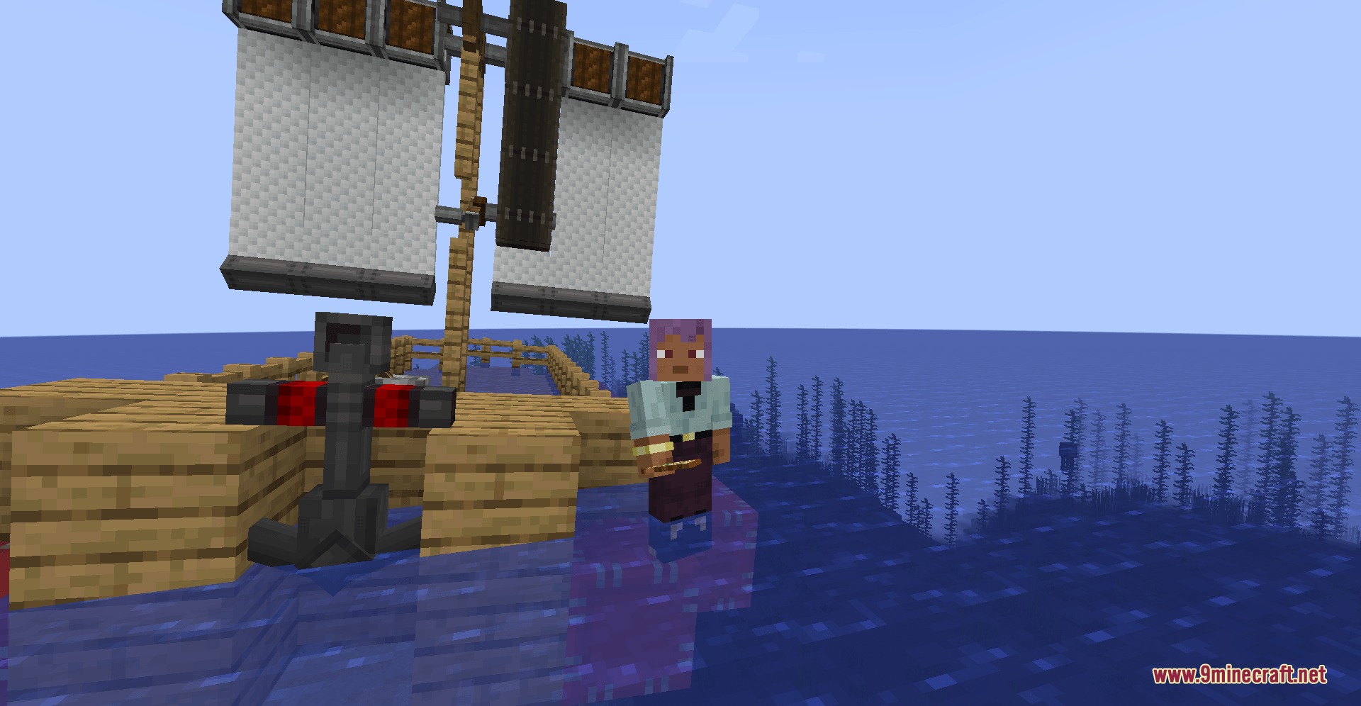 Create Kinetic Mod (1.21.1, 1.20.1) – Pilot Custom Airships Without Redstone 4 A player stands on a wooden boat with large sails and an anchor