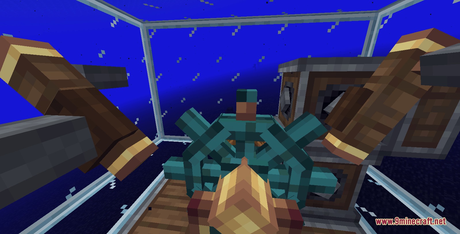 Create Kinetic Mod (1.21.1, 1.20.1) – Pilot Custom Airships Without Redstone 6 A player uses a teal steering wheel to navigate an underwater ship