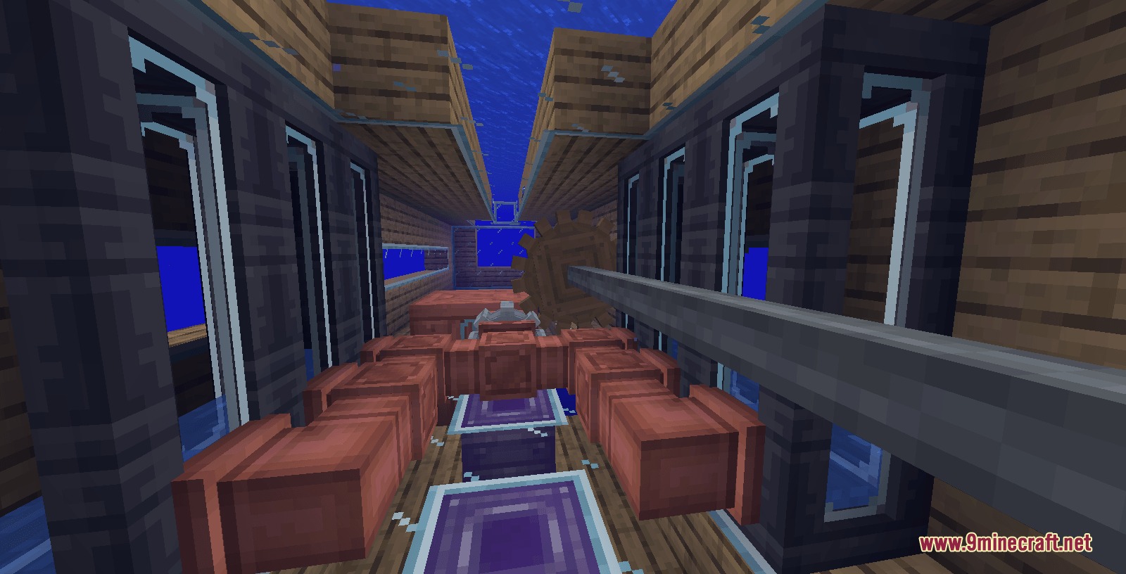 Create Kinetic Mod (1.21.1, 1.20.1) – Pilot Custom Airships Without Redstone 7 Mechanical copper pipes and a large gear inside an underwater ship cabin