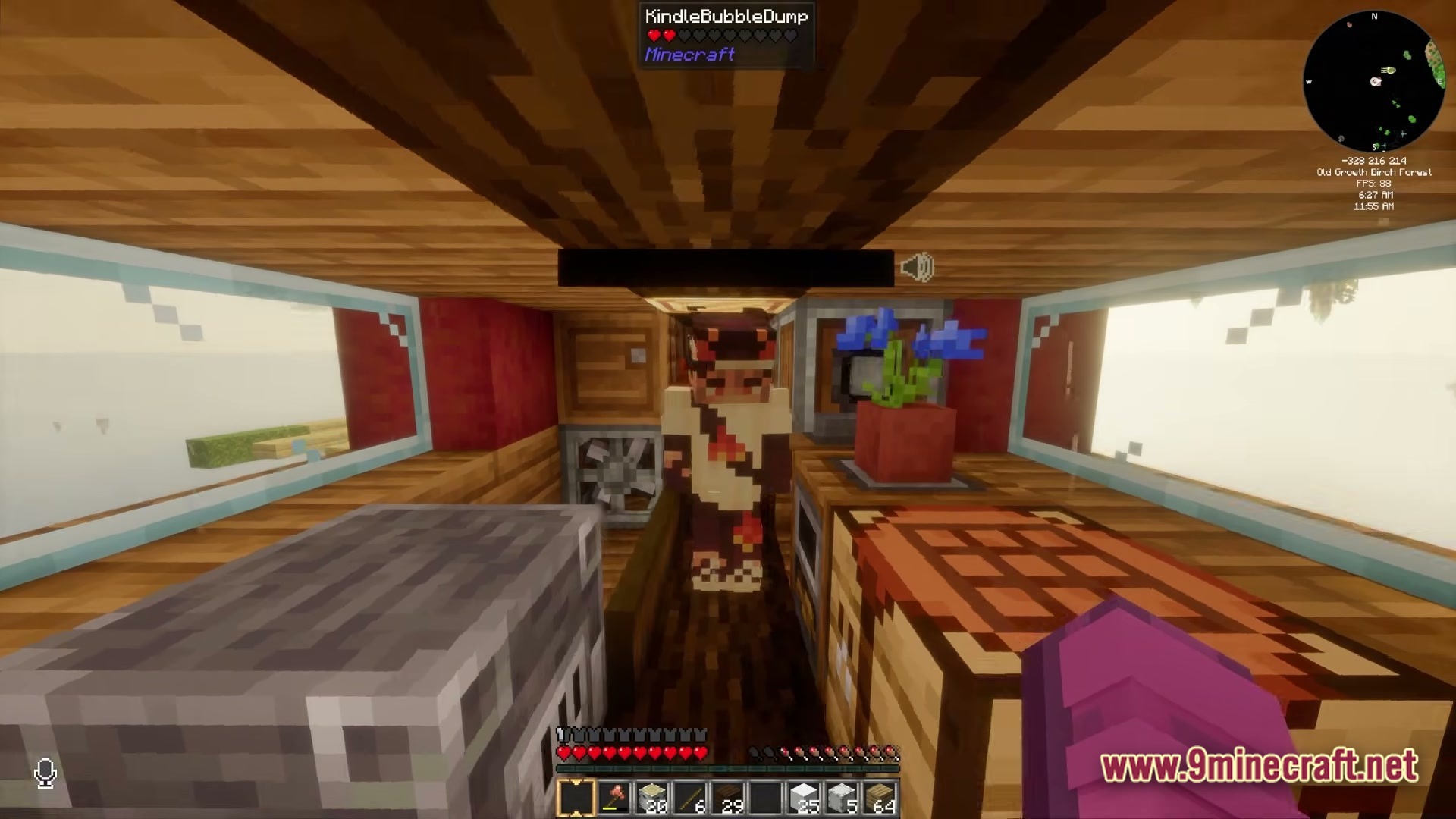 Create Sky Colonies Valkyrian Skies X Create 6.0 Modpack (1.20.1) – Build Flying Ships And Sky 2 A player stands inside a wooden airship cabin featuring crafting stations, windows, and mechanical components