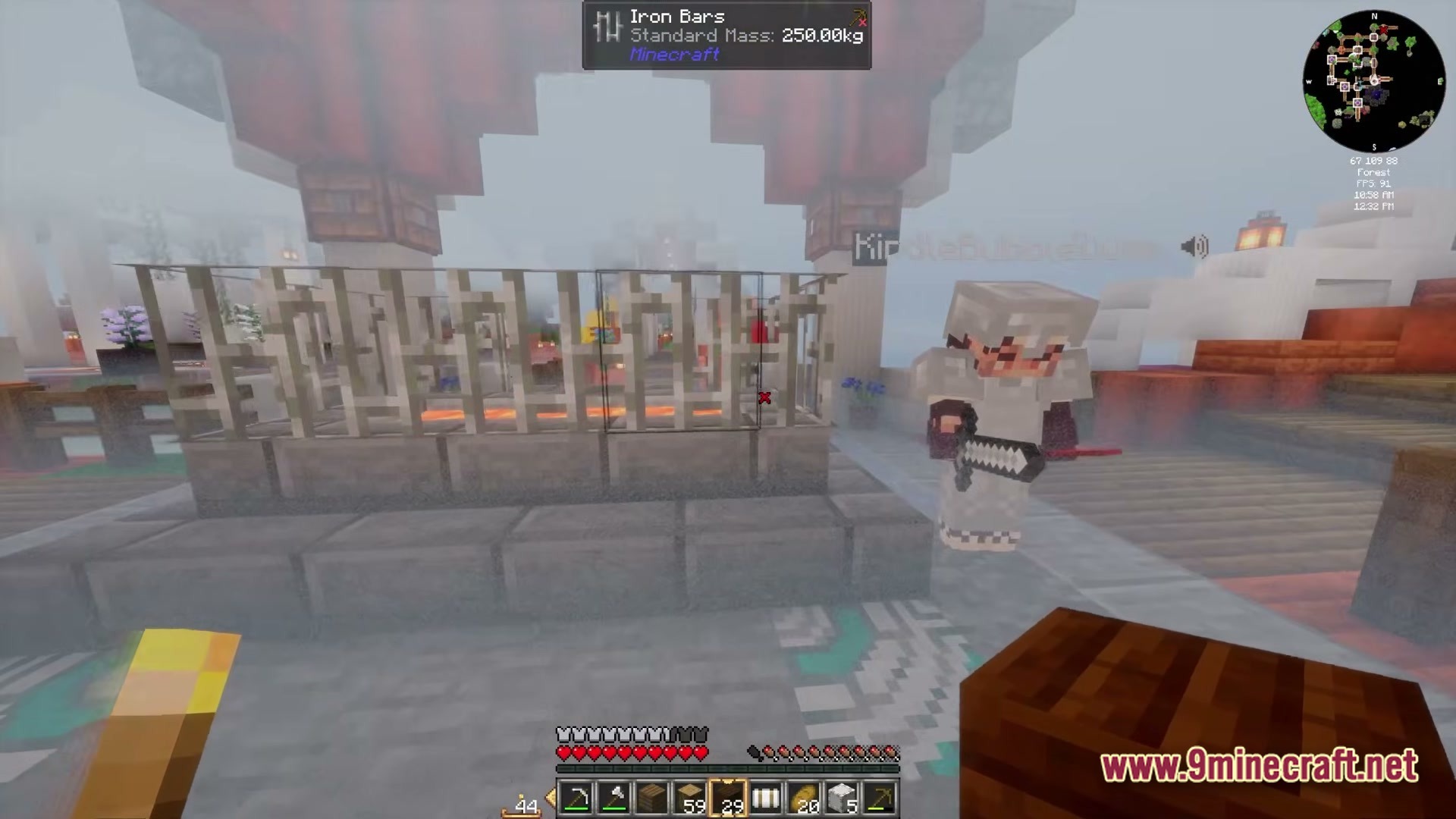 Create Sky Colonies Valkyrian Skies X Create 6.0 Modpack (1.20.1) – Build Flying Ships And Sky 3 A player in iron armor stands near iron bars on a foggy sky colony platform