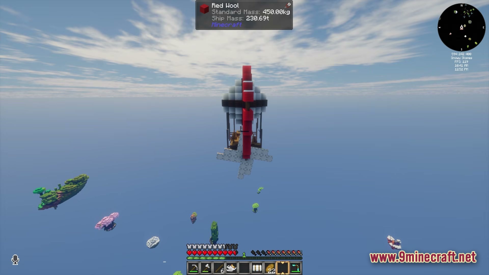 Create Sky Colonies Valkyrian Skies X Create 6.0 Modpack (1.20.1) – Build Flying Ships And Sky 4 A red and white airship flies above several small floating islands in a skyblock world