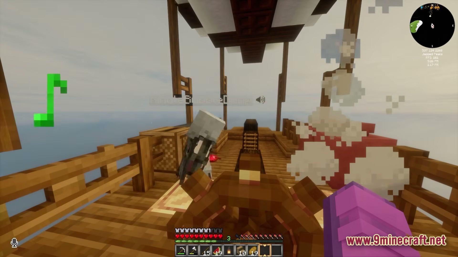 Create Sky Colonies Valkyrian Skies X Create 6.0 Modpack (1.20.1) – Build Flying Ships And Sky 5 A player steers a wooden airship while a companion stands on the deck amidst smoke particles