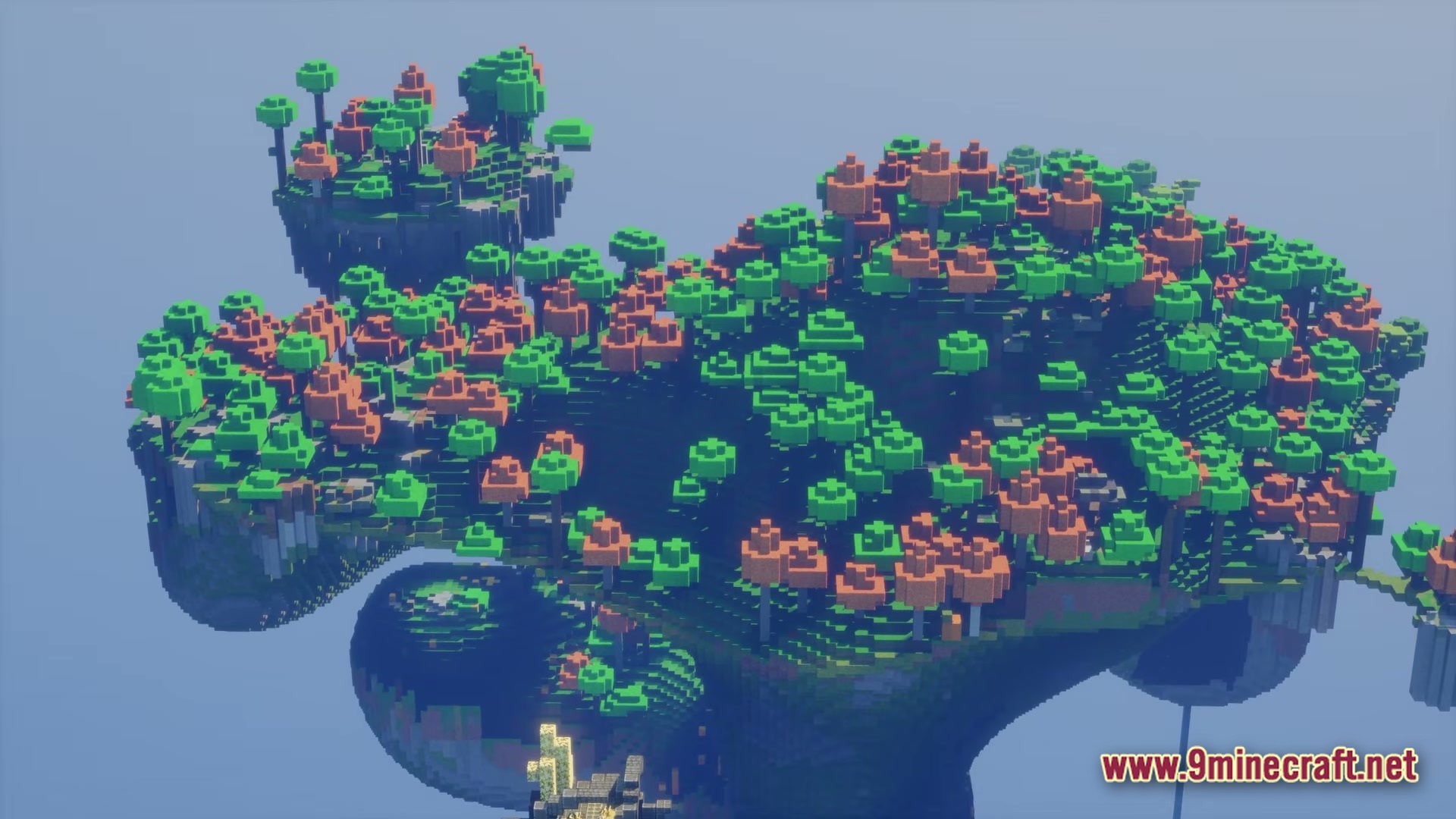 Create Sky Colonies Valkyrian Skies X Create 6.0 Modpack (1.20.1) – Build Flying Ships And Sky 6 A large floating island covered in green and orange trees suspended in a blue sky