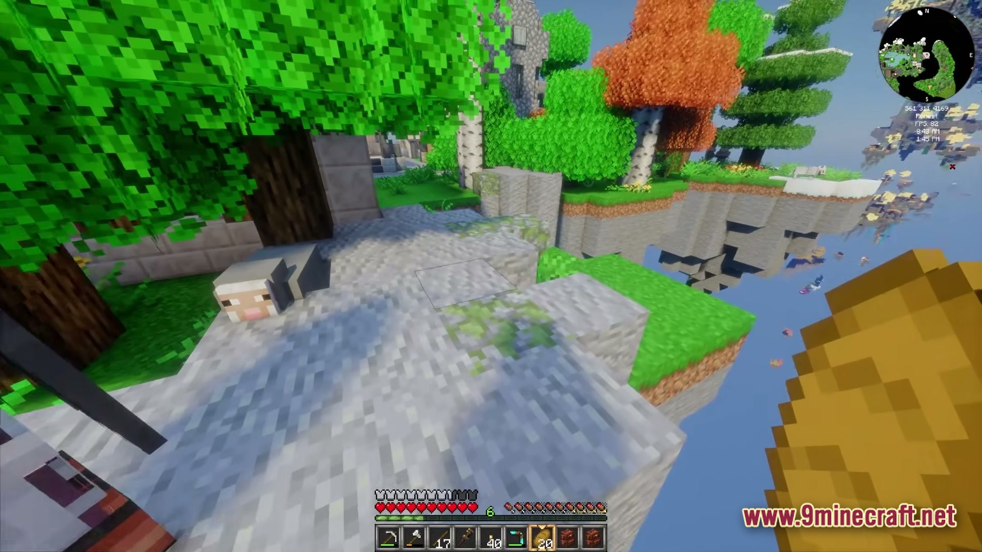 Create Sky Colonies Valkyrian Skies X Create 6.0 Modpack (1.20.1) – Build Flying Ships And Sky 7 A first-person view of a player holding bread on a floating island with trees and a sheep