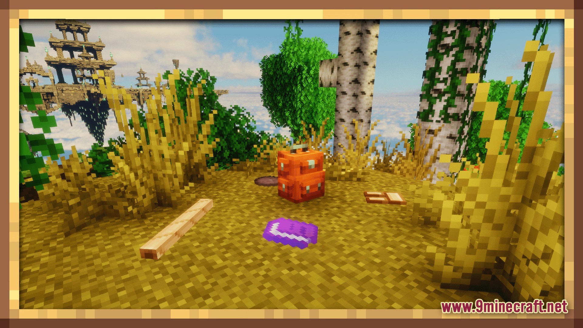 Create Sky Colonies Valkyrian Skies X Create 6.0 Modpack (1.20.1) – Build Flying Ships And Sky 10 An orange backpack and various items sit on a floating island overlooking a distant sky fortress