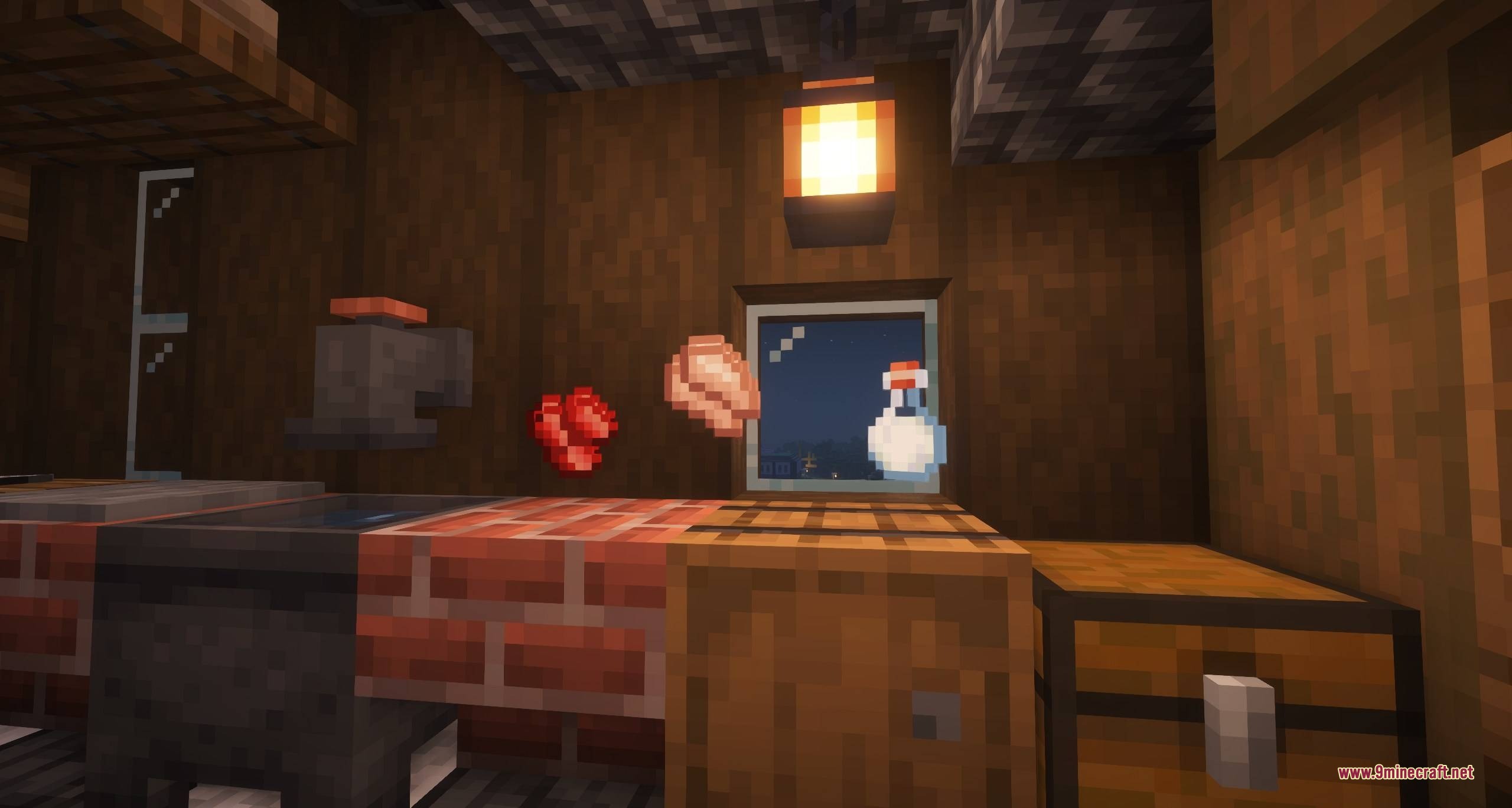 Preparing raw meat and milk bottles on a wooden cutting board in minecraft