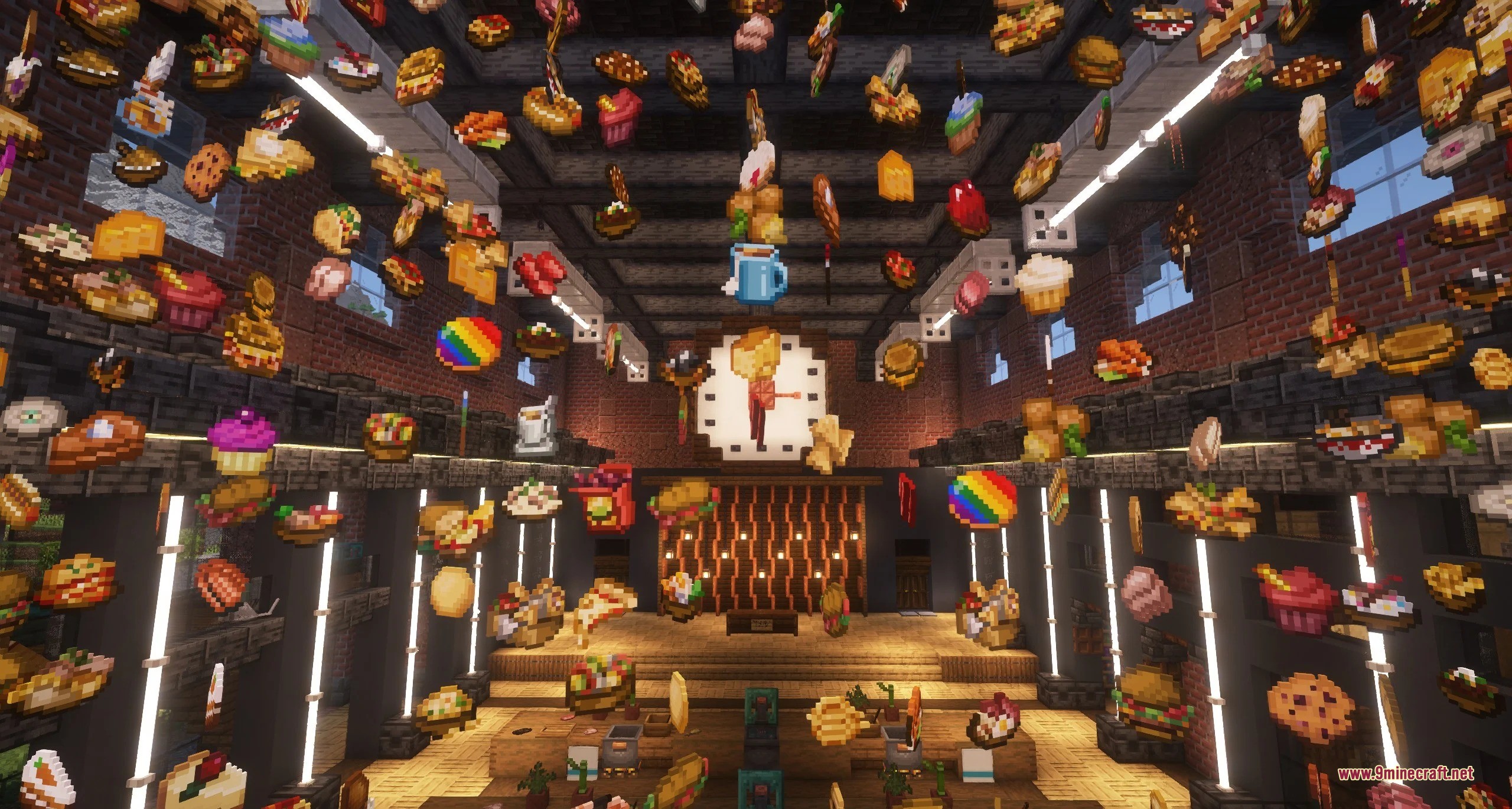 A large room with many different types of floating food items