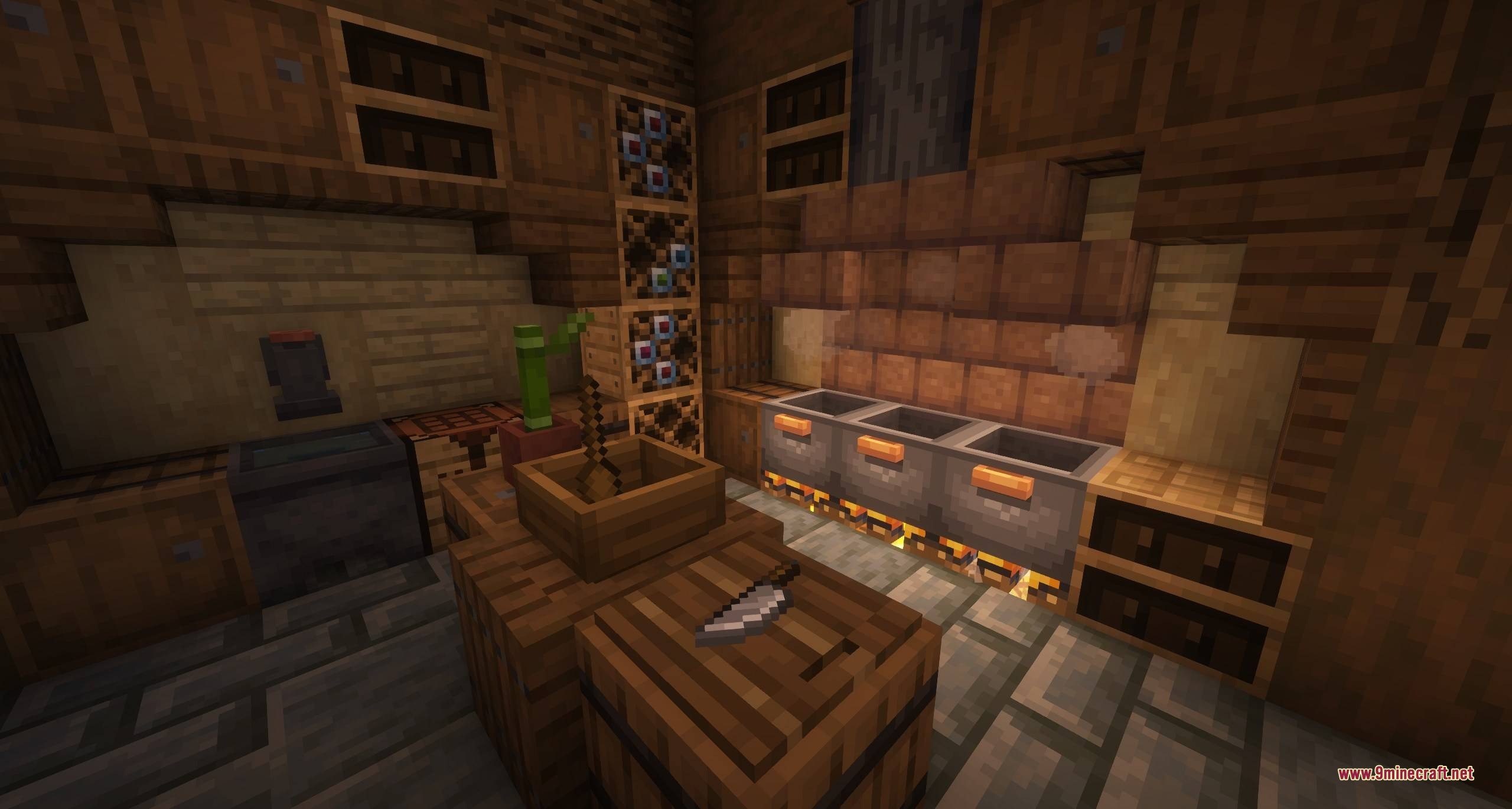 A rustic minecraft kitchen featuring cooking pots over fire and a wooden cutting board