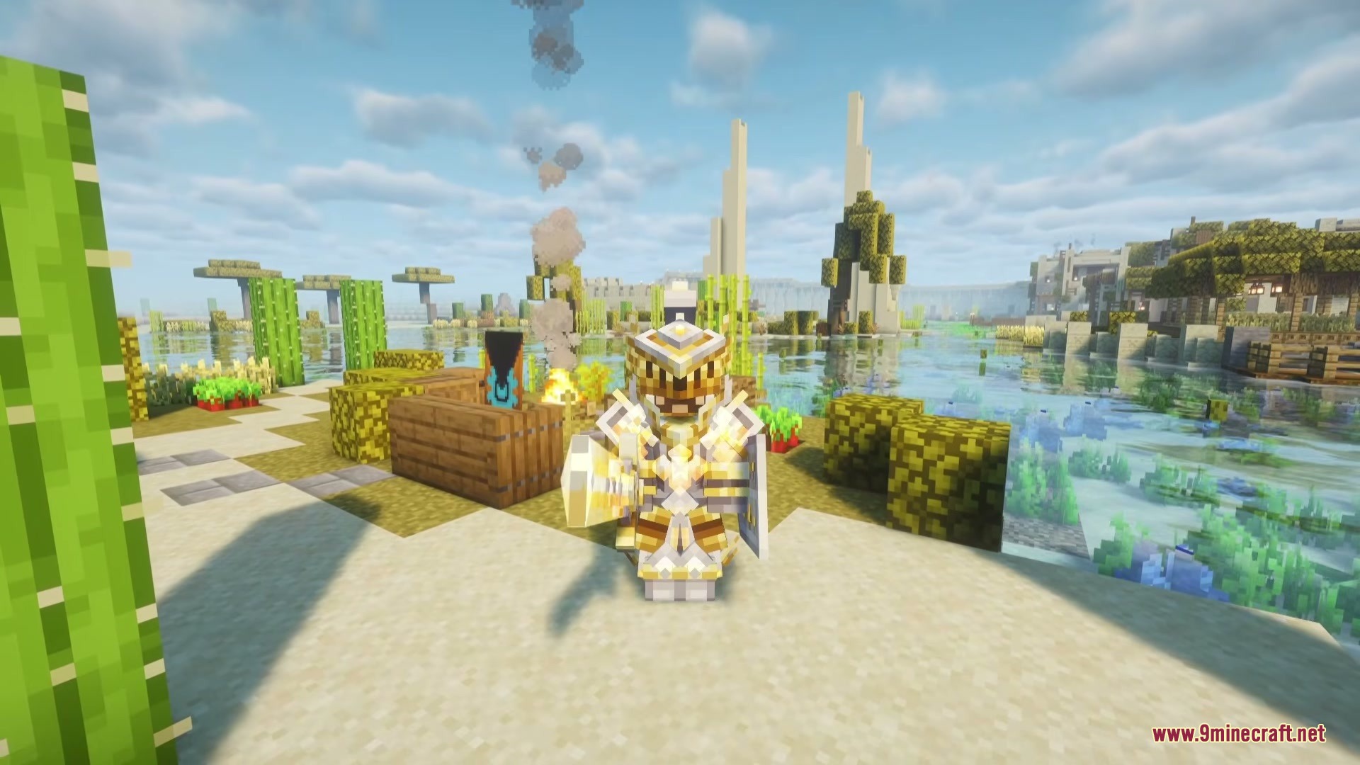 Crystal Chronicles Iron’s Spells ‘N Spellbooks Mod (1.21.1) 2 A player wearing golden crystal chronicles armor stands in a desert oasis