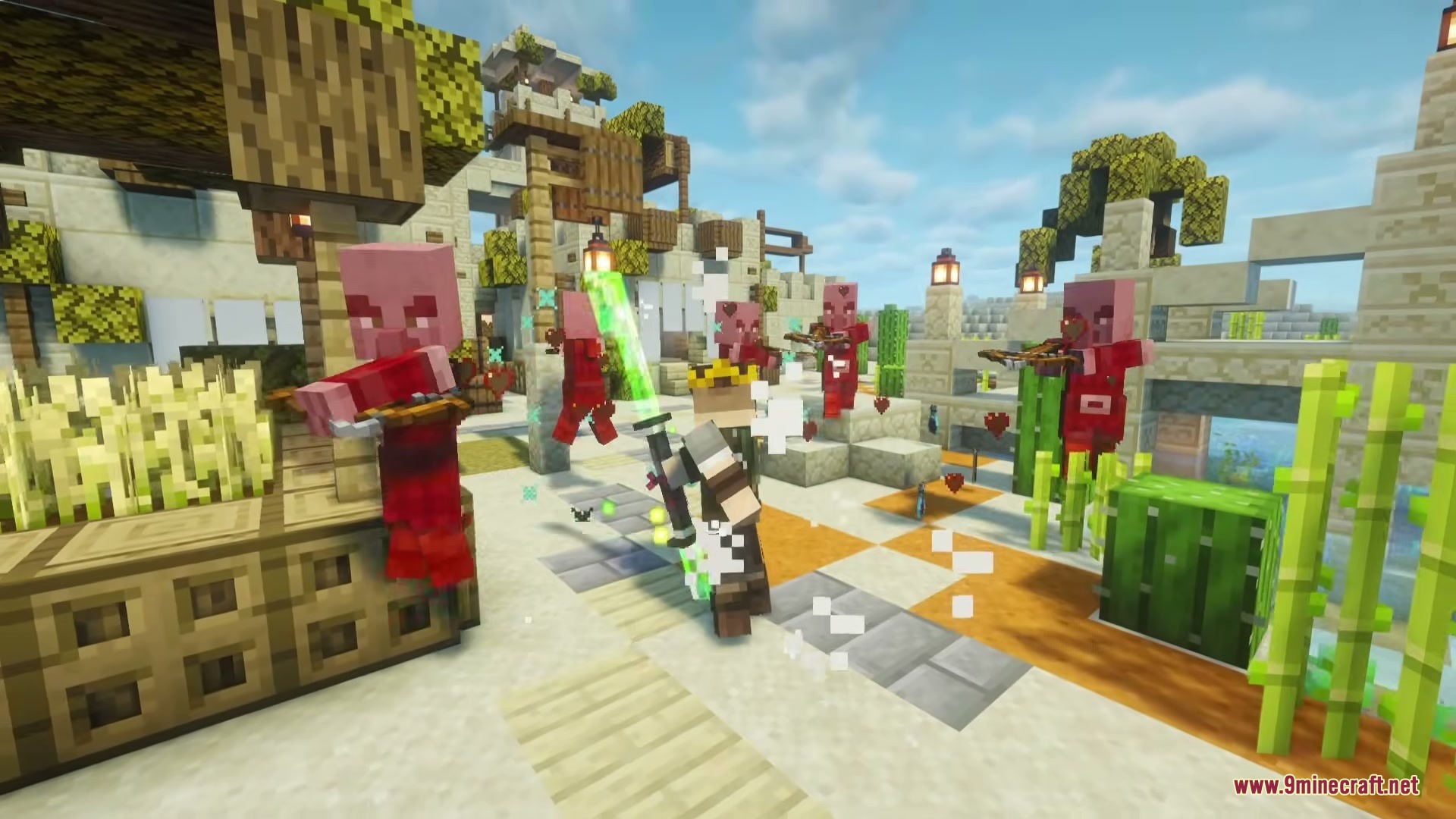 Crystal Chronicles Iron’s Spells ‘N Spellbooks Mod (1.21.1) 11 Player fights red illagers with a glowing green sword in a village