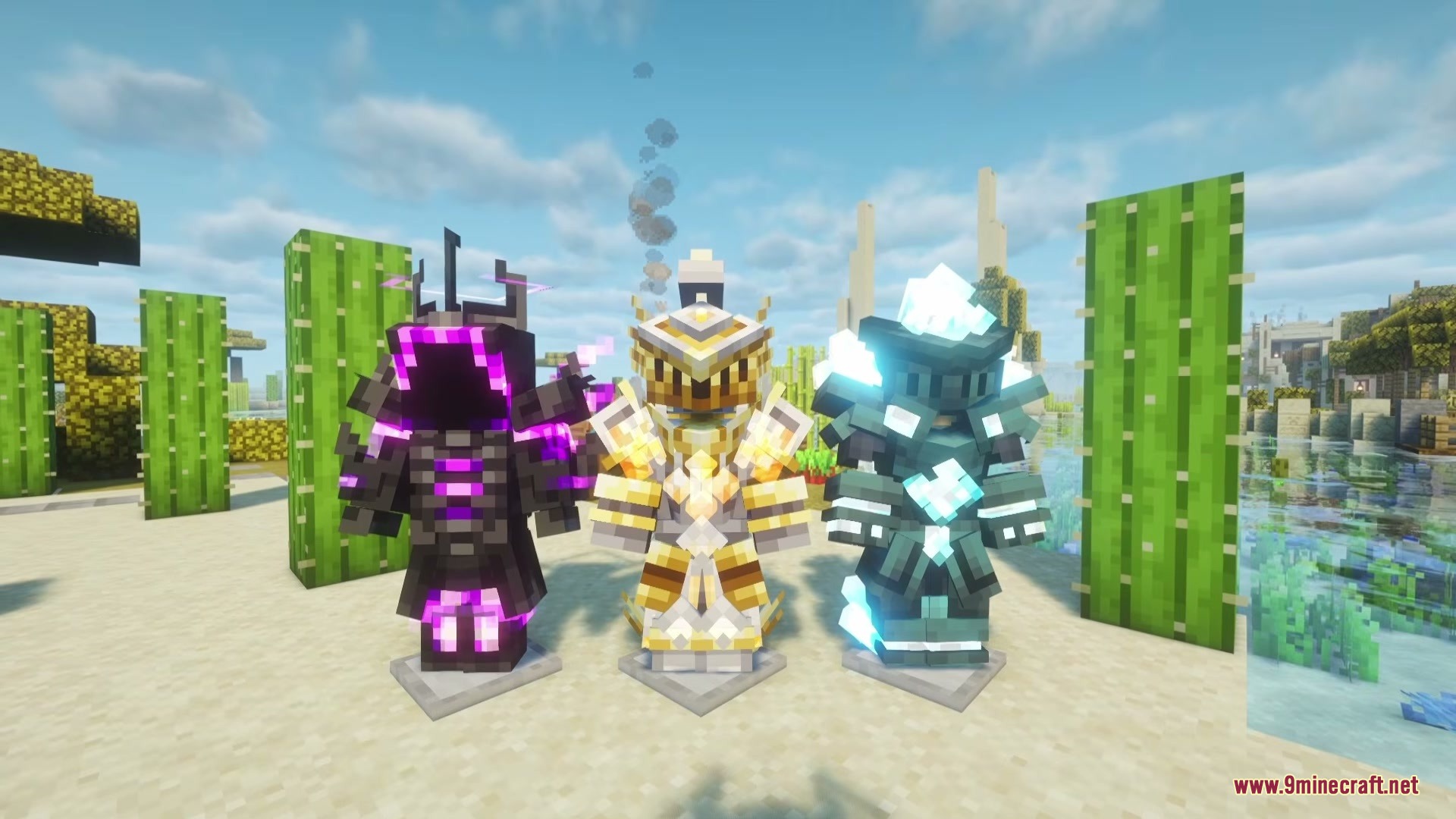 Crystal Chronicles Iron’s Spells ‘N Spellbooks Mod (1.21.1) 3 Three sets of glowing magical armor displayed on stands in a desert