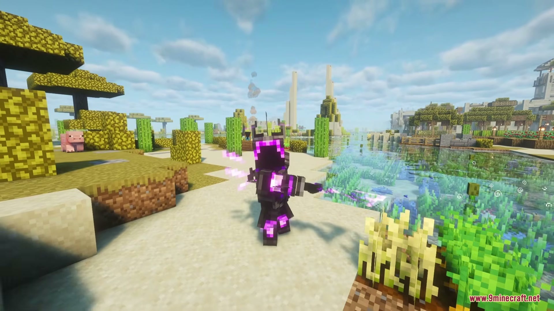 Crystal Chronicles Iron’s Spells ‘N Spellbooks Mod (1.21.1) 4 Minecraft character in dark purple magic armor wielding a glowing staff on a beach