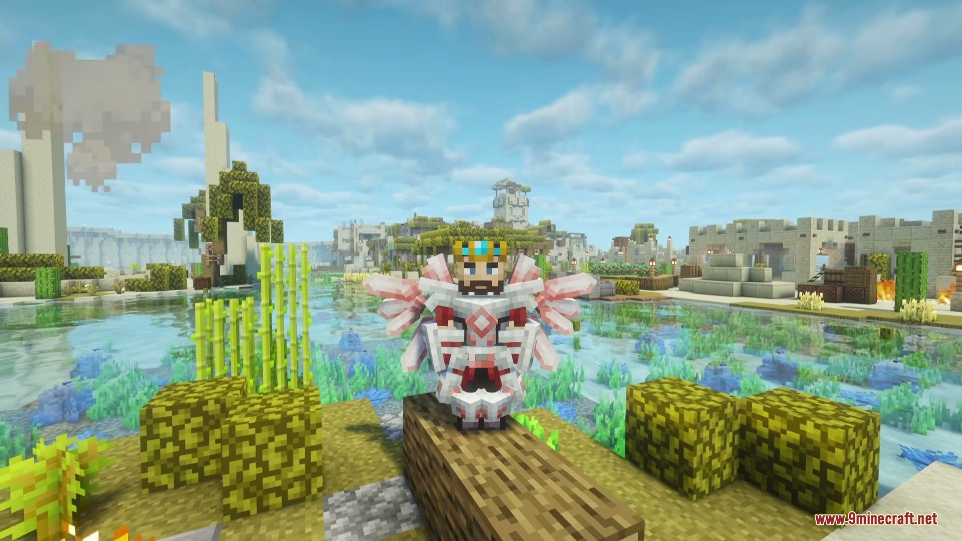 Crystal Chronicles Iron’s Spells ‘N Spellbooks Mod (1.21.1) 5 Player wearing white and red crystal armor with wings and a golden crown