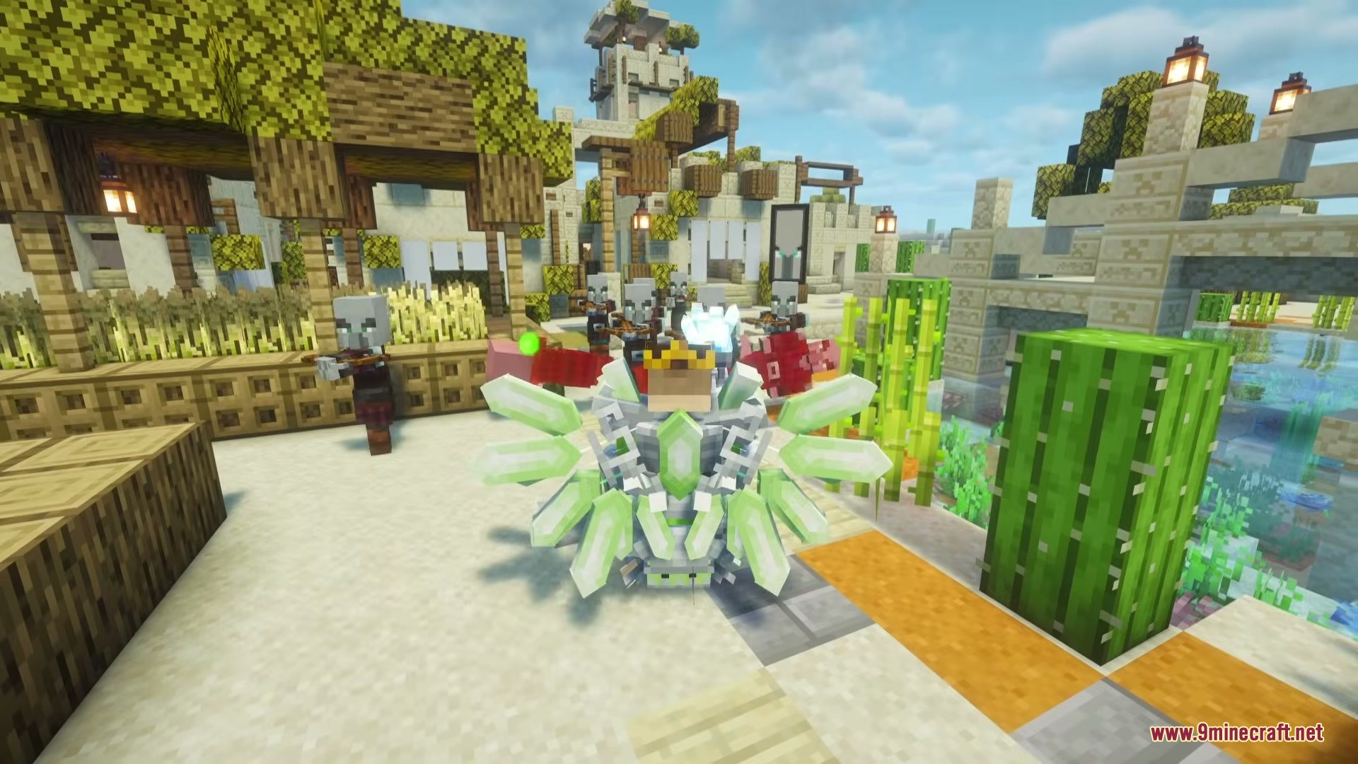 Crystal Chronicles Iron’s Spells ‘N Spellbooks Mod (1.21.1) 6 Player wearing green crystal armor stands amidst hostile illagers in a village