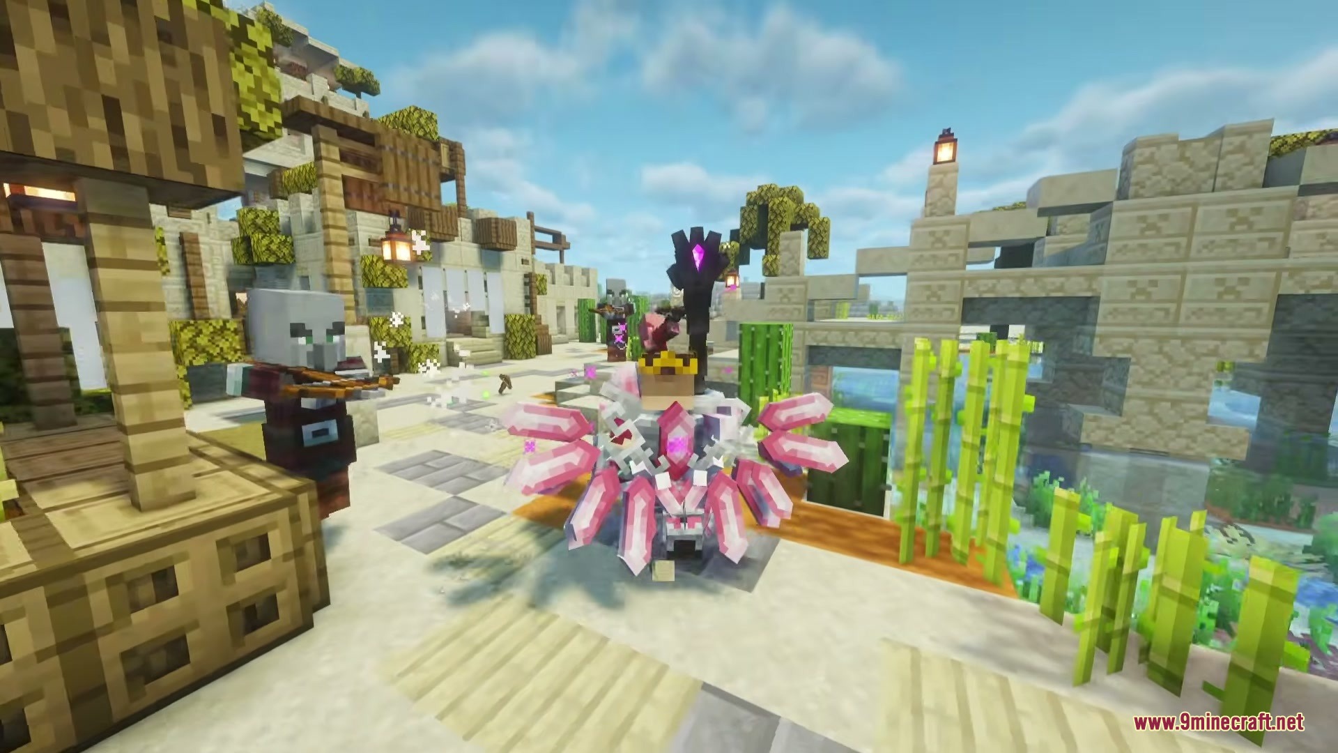 Crystal Chronicles Iron’s Spells ‘N Spellbooks Mod (1.21.1) 7 Player in pink crystal armor wielding a staff faces attacking illagers
