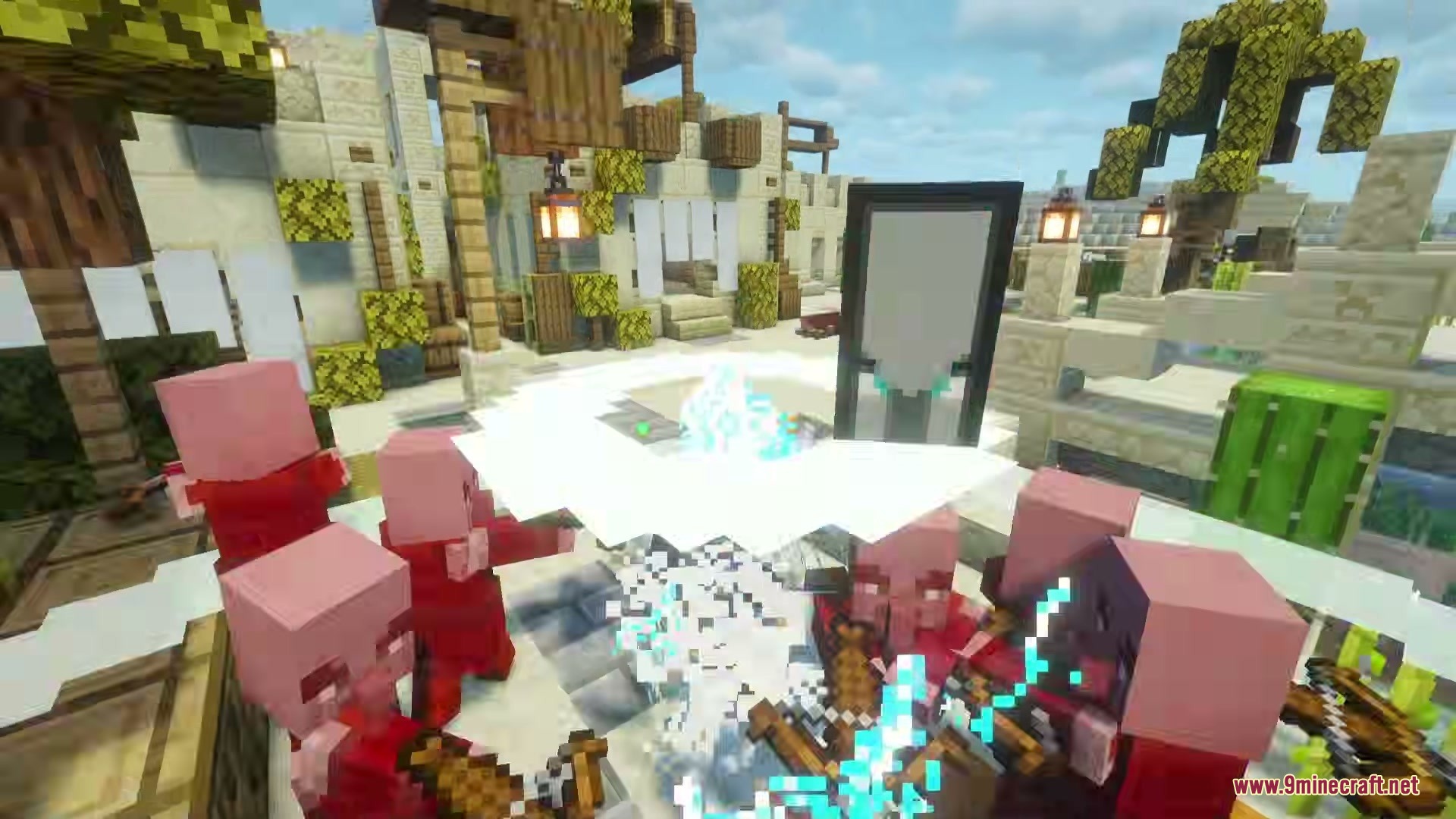 Crystal Chronicles Iron’s Spells ‘N Spellbooks Mod (1.21.1) 9 A swirling white magic spell attacks a group of red pillager mobs