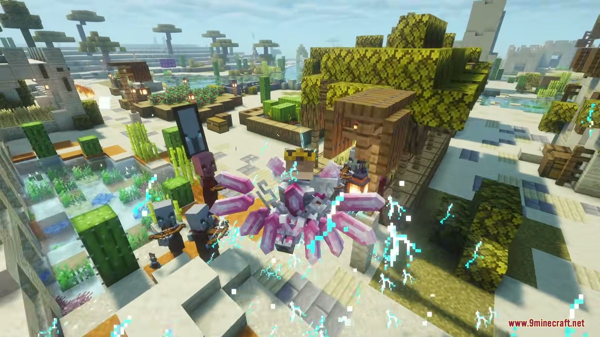 Crystal Chronicles Iron’s Spells ‘N Spellbooks Mod (1.21.1) 10 Player wearing purple crystal armor floats above illagers in a desert village