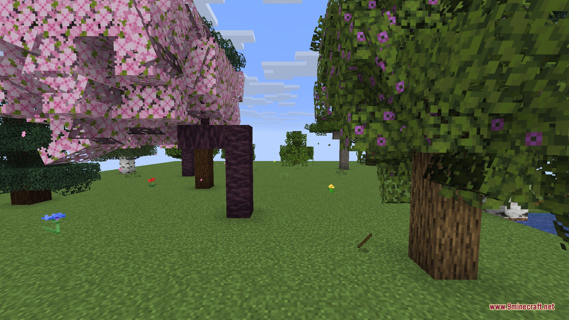 Cubic Leaves 9Minecraft Resource Pack (26.2) – Bushy 3D Foliage For Vanilla Trees 2 Bushy cherry blossom and azalea trees standing in a grassy minecraft field
