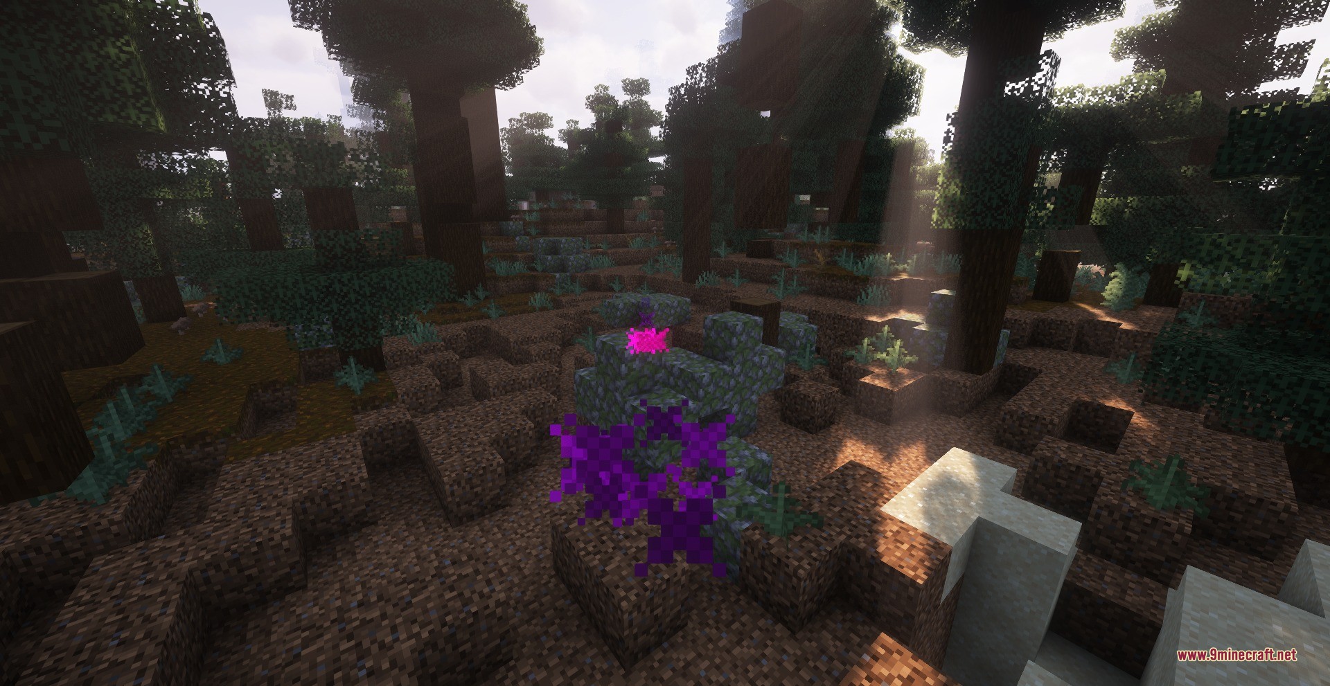 Cursed Limitless Resonance Data Pack (26.1.2, 1.21.11) 4 Glowing purple cursed energy particles floating near a structure in a dense forest