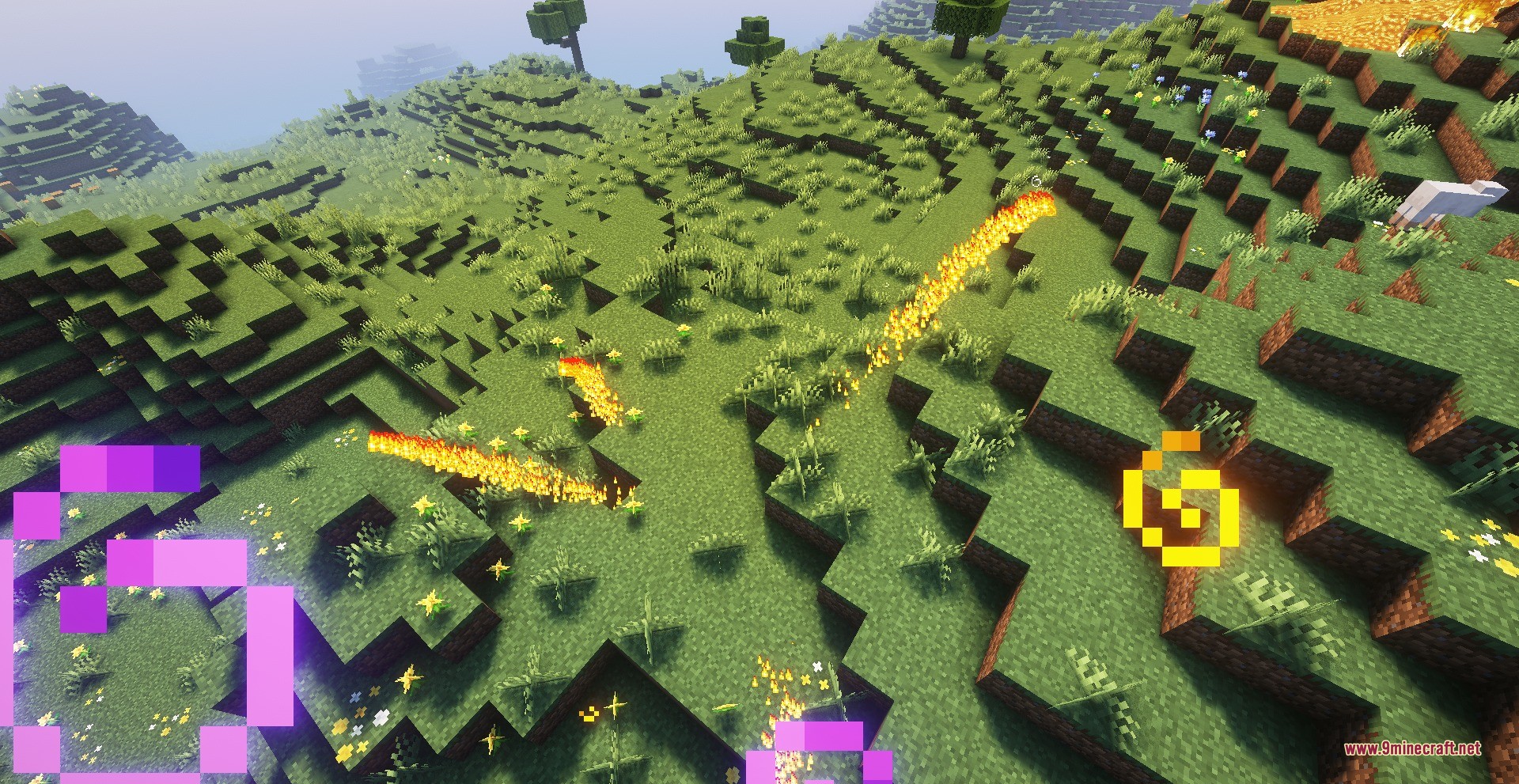 Cursed Limitless Resonance Data Pack (26.1.2, 1.21.11) 5 Fire trails and glowing energy symbols burning across a green grassy landscape