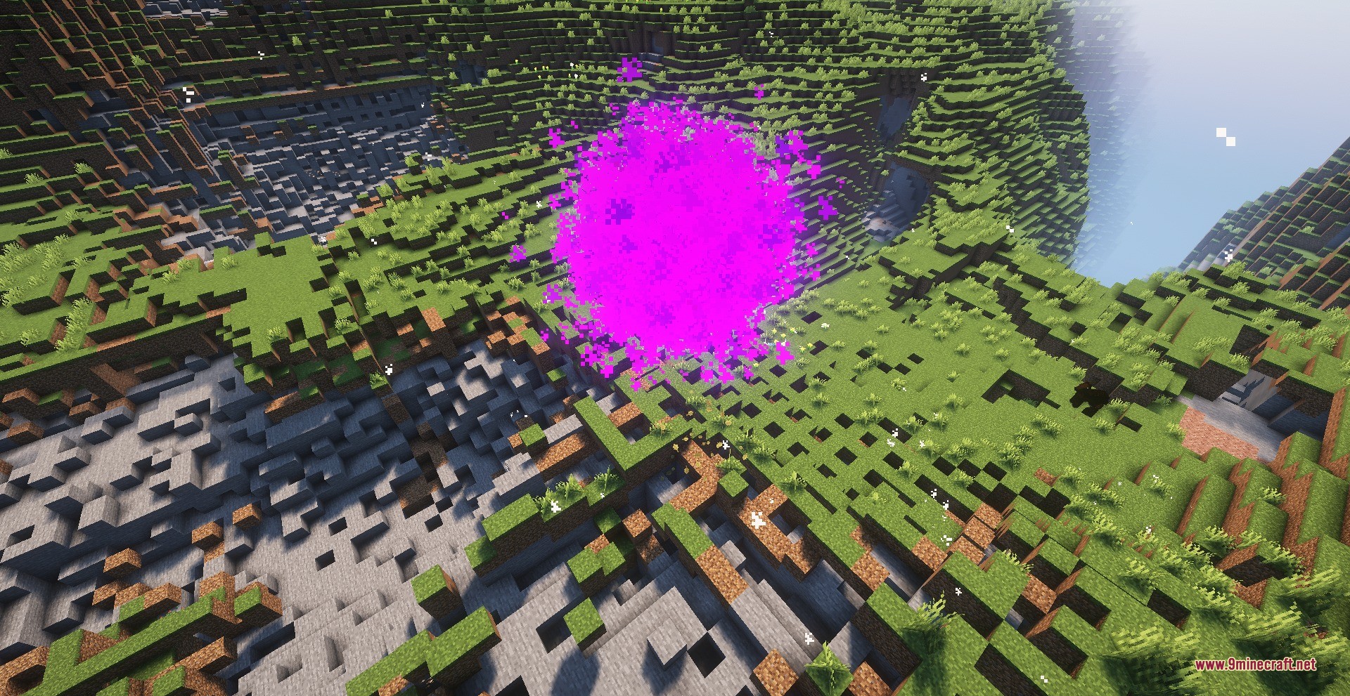 Cursed Limitless Resonance Data Pack (26.1.2, 1.21.11) 9 A massive hollow purple energy blast destroying terrain in a minecraft world