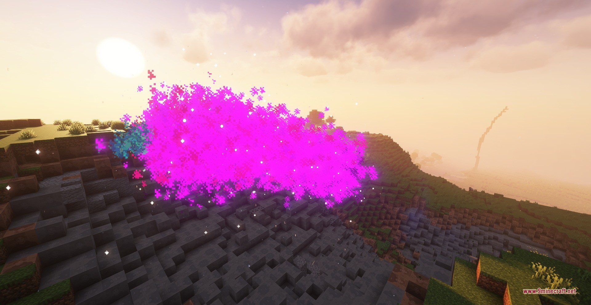 Cursed Limitless Resonance Data Pack (26.1.2, 1.21.11) 10 A massive hollow purple energy blast explodes across a hilly minecraft landscape at sunset