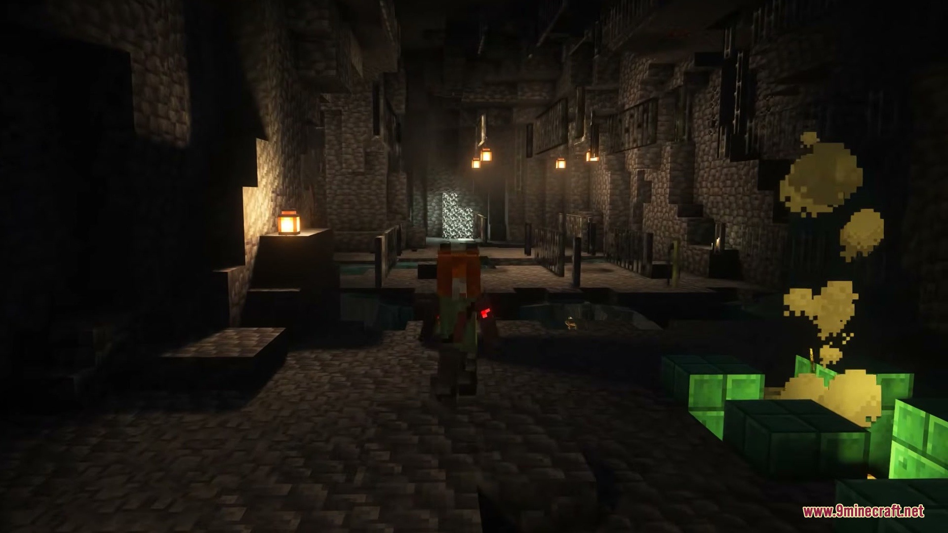 Cyberware Reforged Mod (26.1.2, 1.20.1) – Rebuild Your Body With Powerful 6 Player explores a dark stone chamber with lanterns and green blocks
