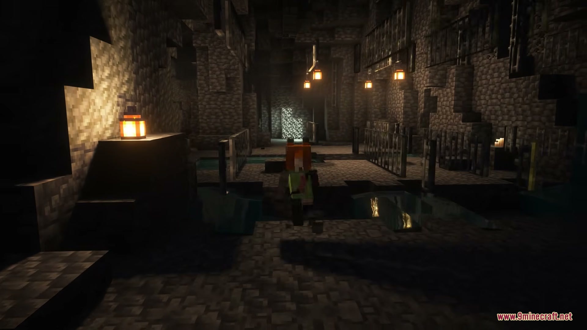 Cyberware Reforged Mod (26.1.2, 1.20.1) – Rebuild Your Body With Powerful 7 Character stands in a dimly lit stone hallway with hanging lanterns
