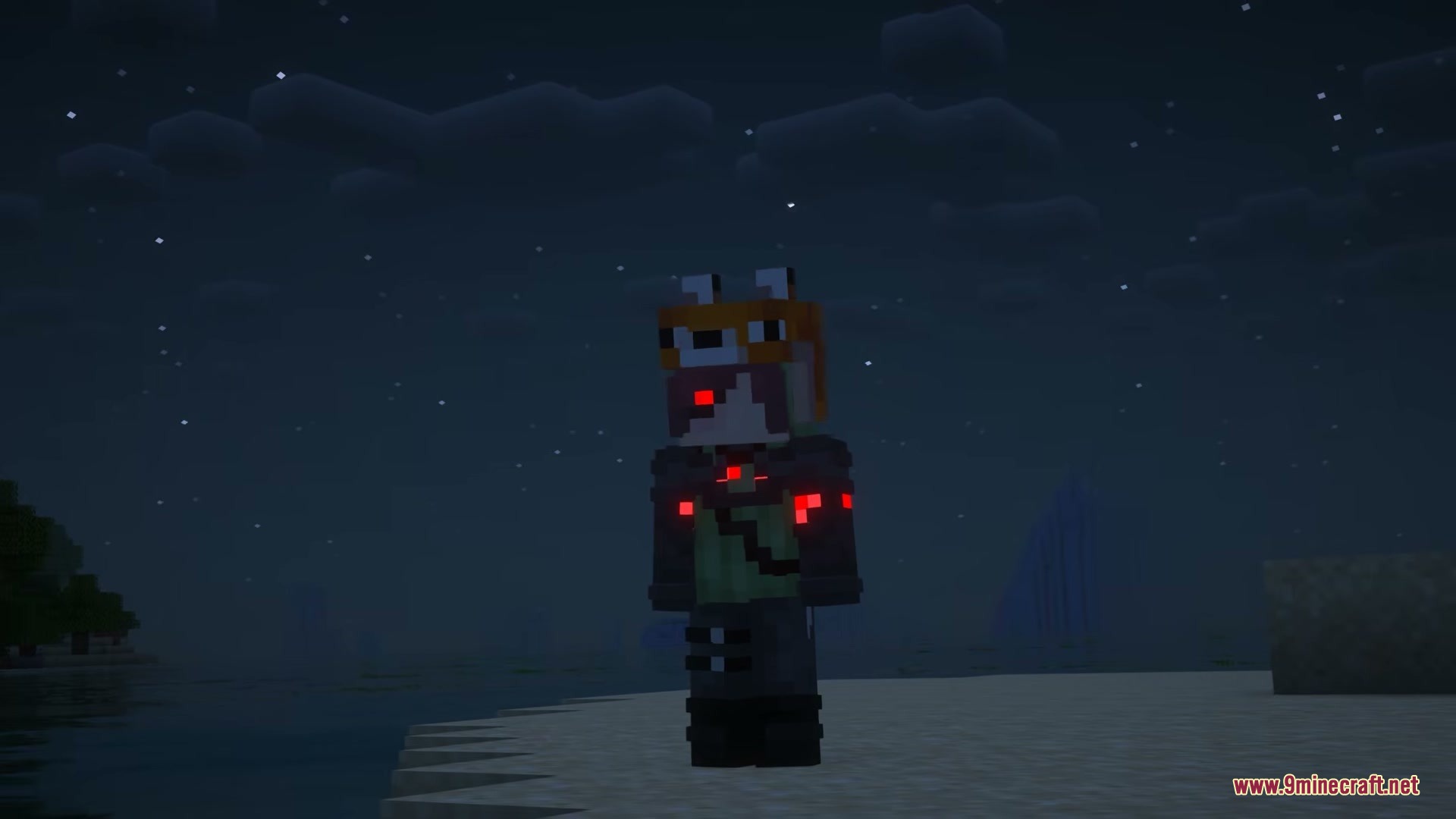 Cyberware Reforged Mod (26.1.2, 1.20.1) – Rebuild Your Body With Powerful 8 Minecraft character with glowing red cybernetic eyes standing on a beach