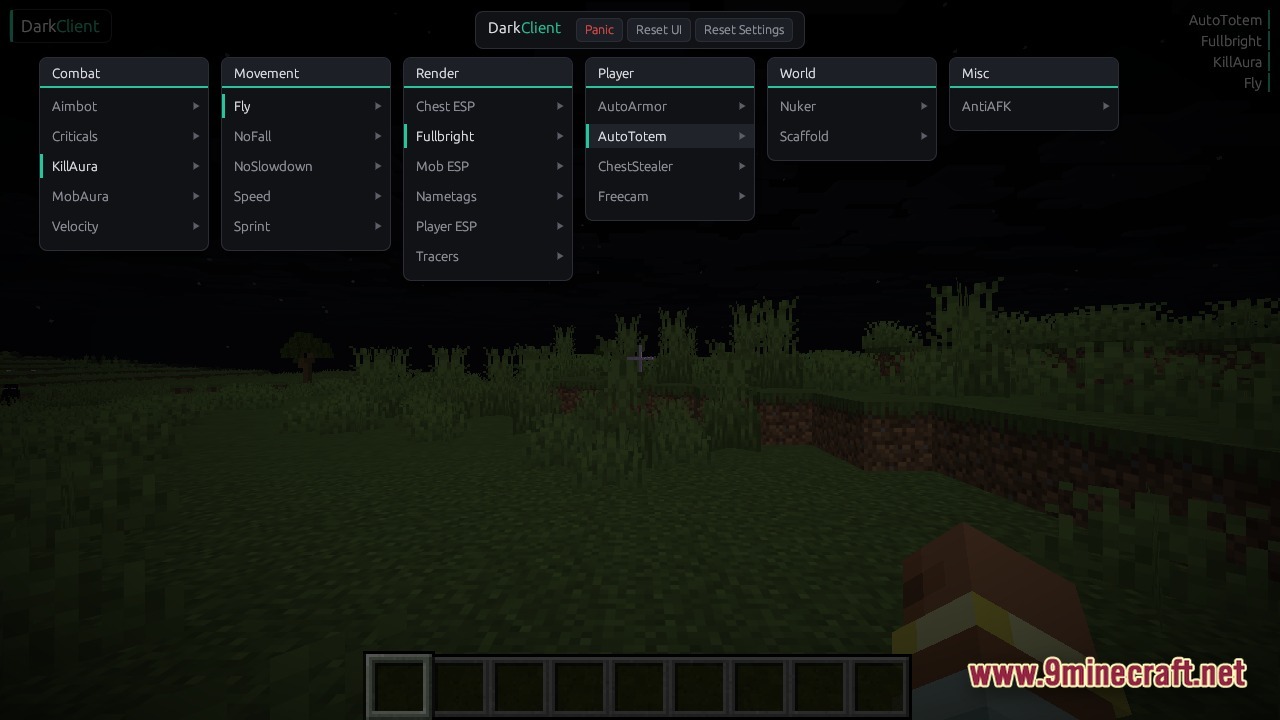 Dark Client (26.1.2) – Load Hidden Combat And Utility Modules Instantly 2 Dark client gui showing combat and movement modules in a night landscape