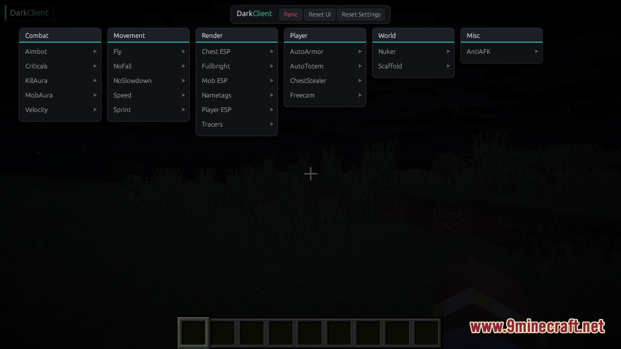 Dark Client (26.1.2) – Load Hidden Combat And Utility Modules Instantly 4 Dark client click gui interface displaying various utility modules over a minecraft landscape