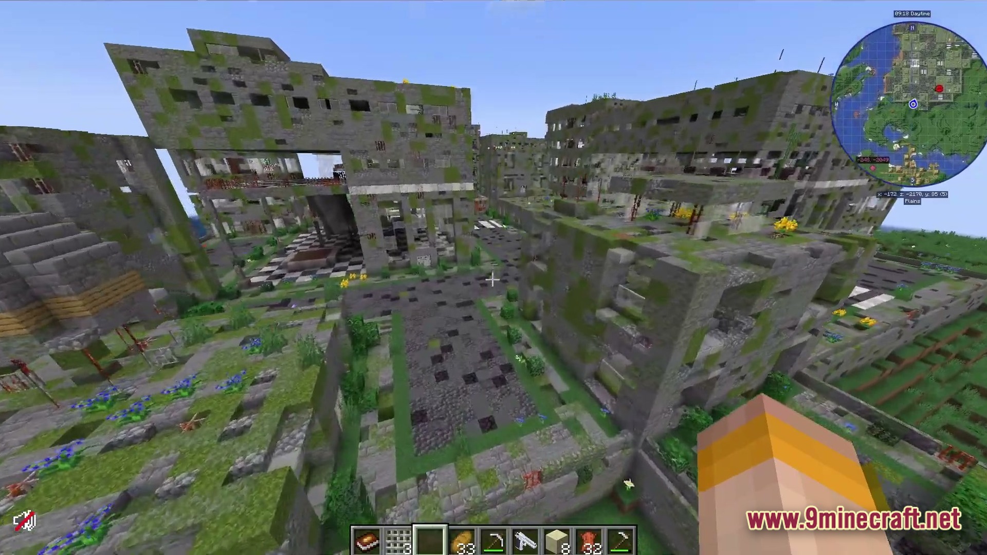 Overgrown stone ruins of a post-apocalyptic city with crumbling buildings and mossy streets
